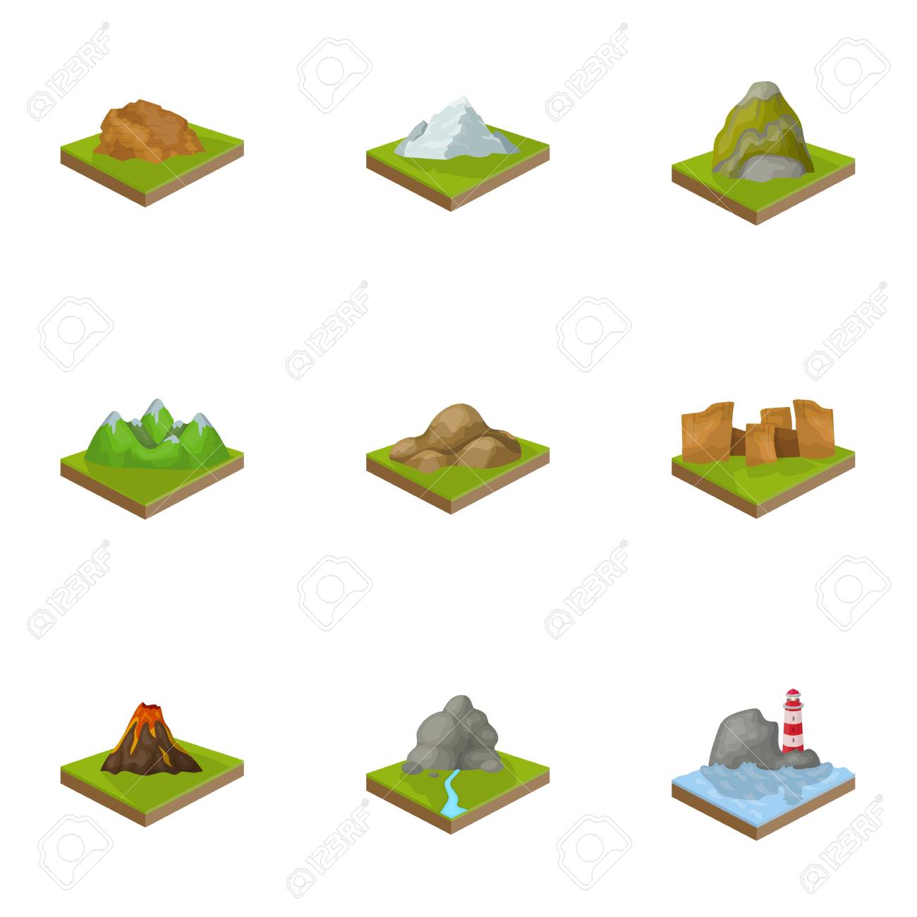 山 岩 灯台 火山および他の土地のレリーフ 山と風景 漫画スタイル等尺性のベクトル シンボル ストック イラストでコレクションのアイコンを設定します の イラスト素材 ベクタ Image