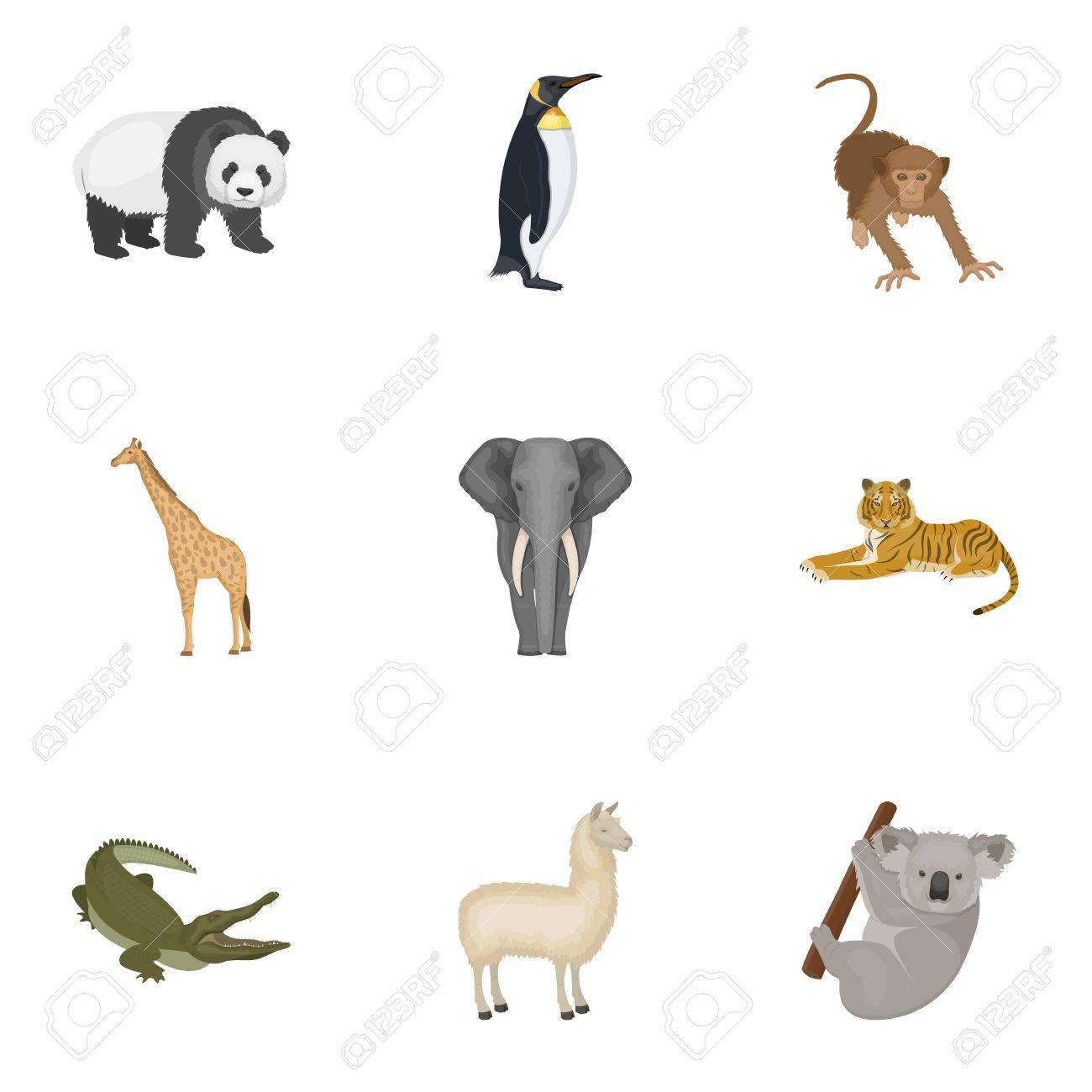 Emu Dautruche Crocodile Girafe Tigre Pingouin Et Autres Animaux Sauvages Artiodactyla Mammifères Prédateurs Et Animaux Mis Icônes De La