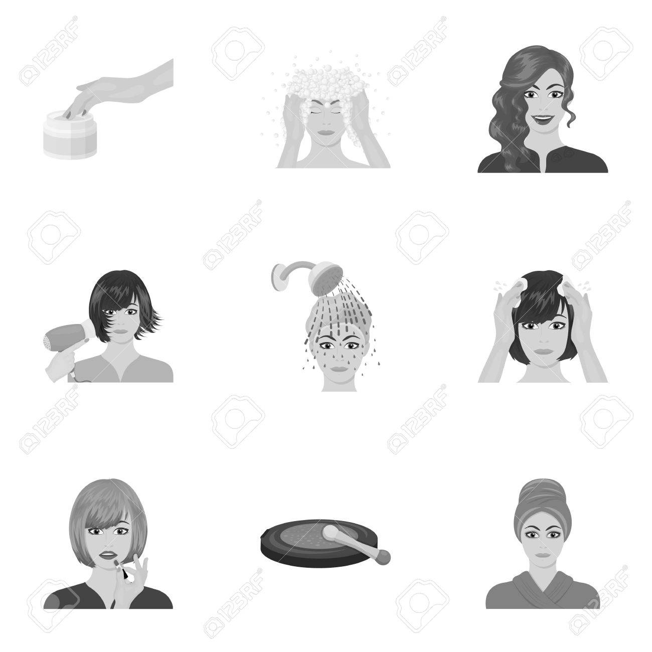 美容院 化粧品 サロンとモノクロ スタイルのアイコン 浴室 衛生 シャンプー セットのコレクションのアイコン のイラスト素材 ベクタ Image