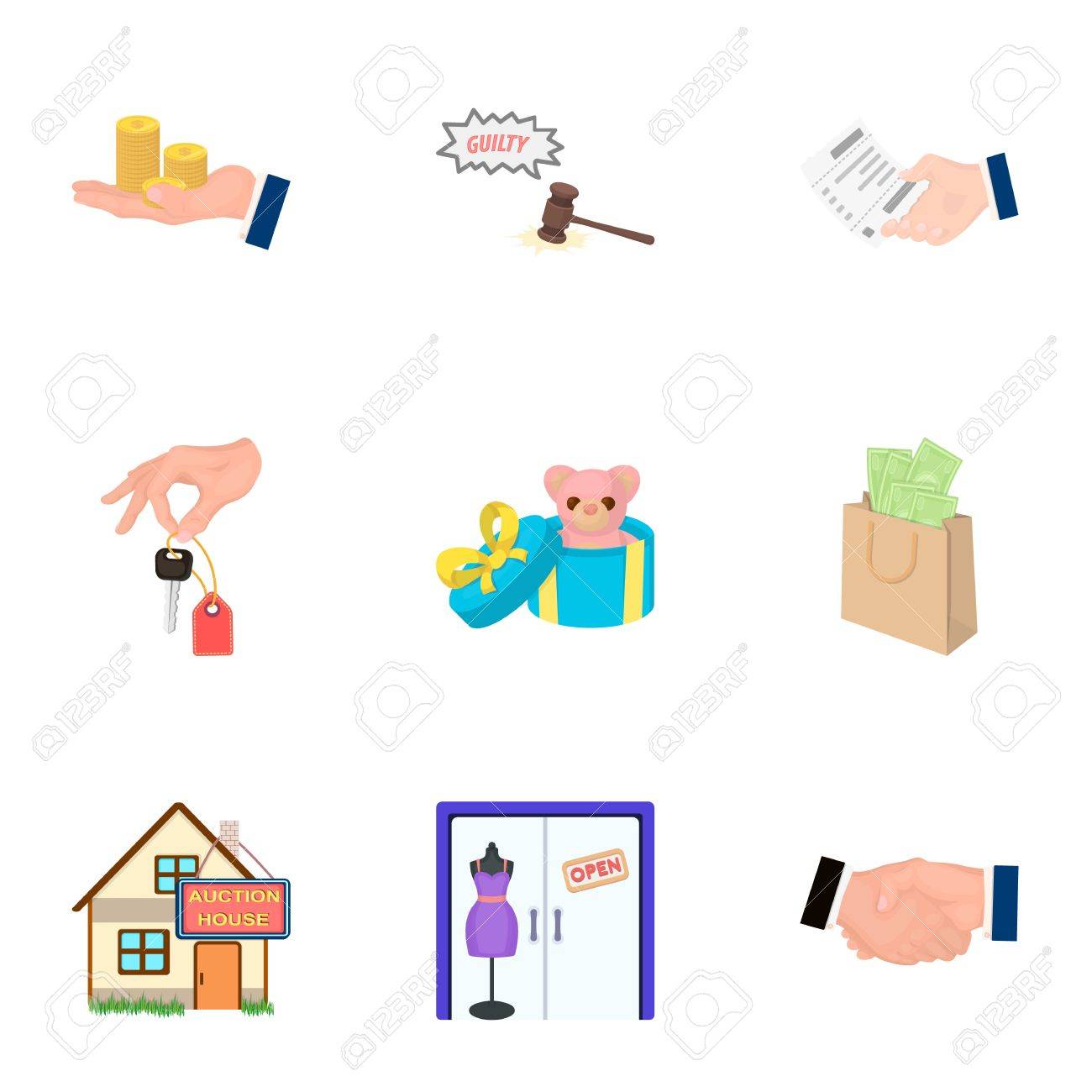 クレジット カード お金 バーゲン 電卓 オークション ショップ E コマースは 漫画スタイルのベクトル シンボル ストック イラスト でコレクションのアイコンを設定します のイラスト素材 ベクタ Image