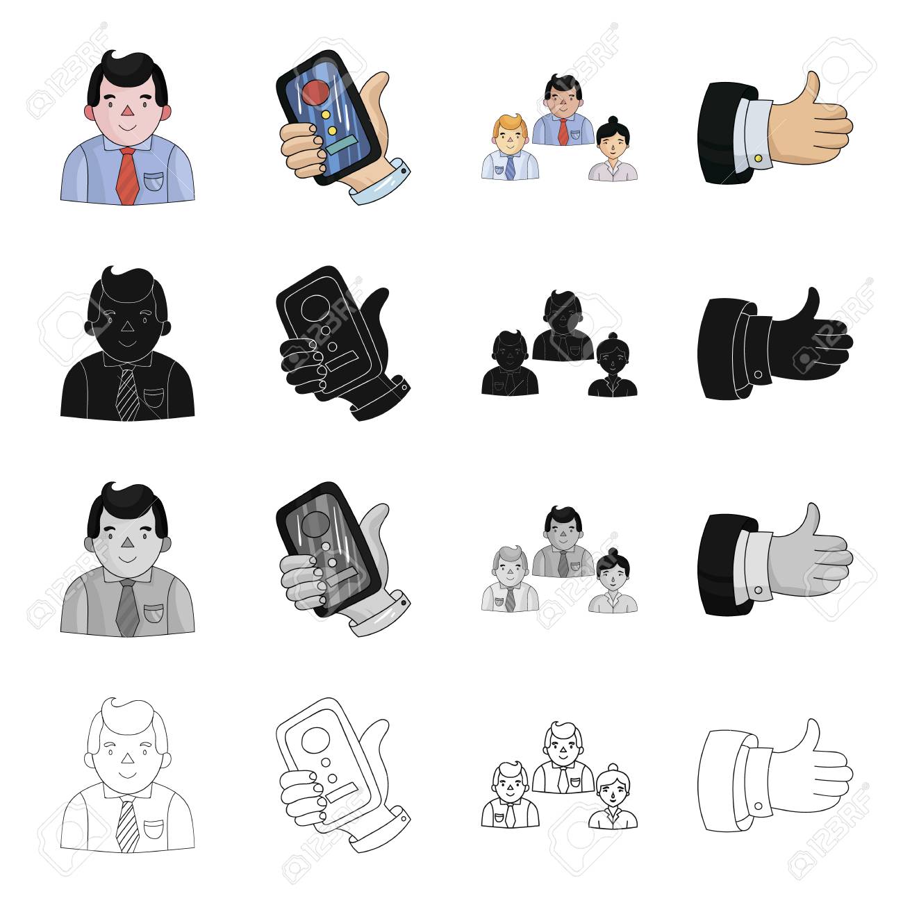 実業家 商談 会議の参加者の手に電話 ビジネス会議は 漫画白黒黒のアウトライン スタイル ベクトル シンボル ストック イラストでコレクションのアイコンを設定します のイラスト素材 ベクタ Image