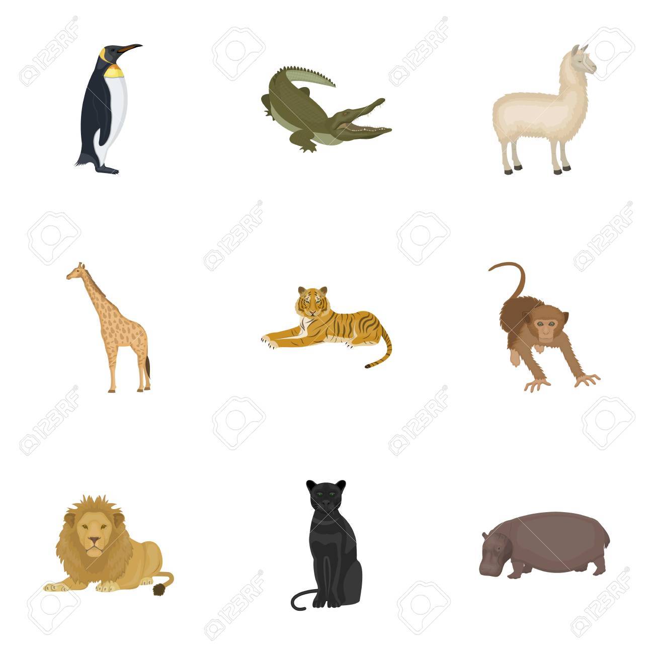 Emu Dautruche Crocodile Girafe Tigre Pingouin Et Autres Animaux Sauvages Artiodactyla Mammifères Prédateurs Et Animaux Mis Icônes De La