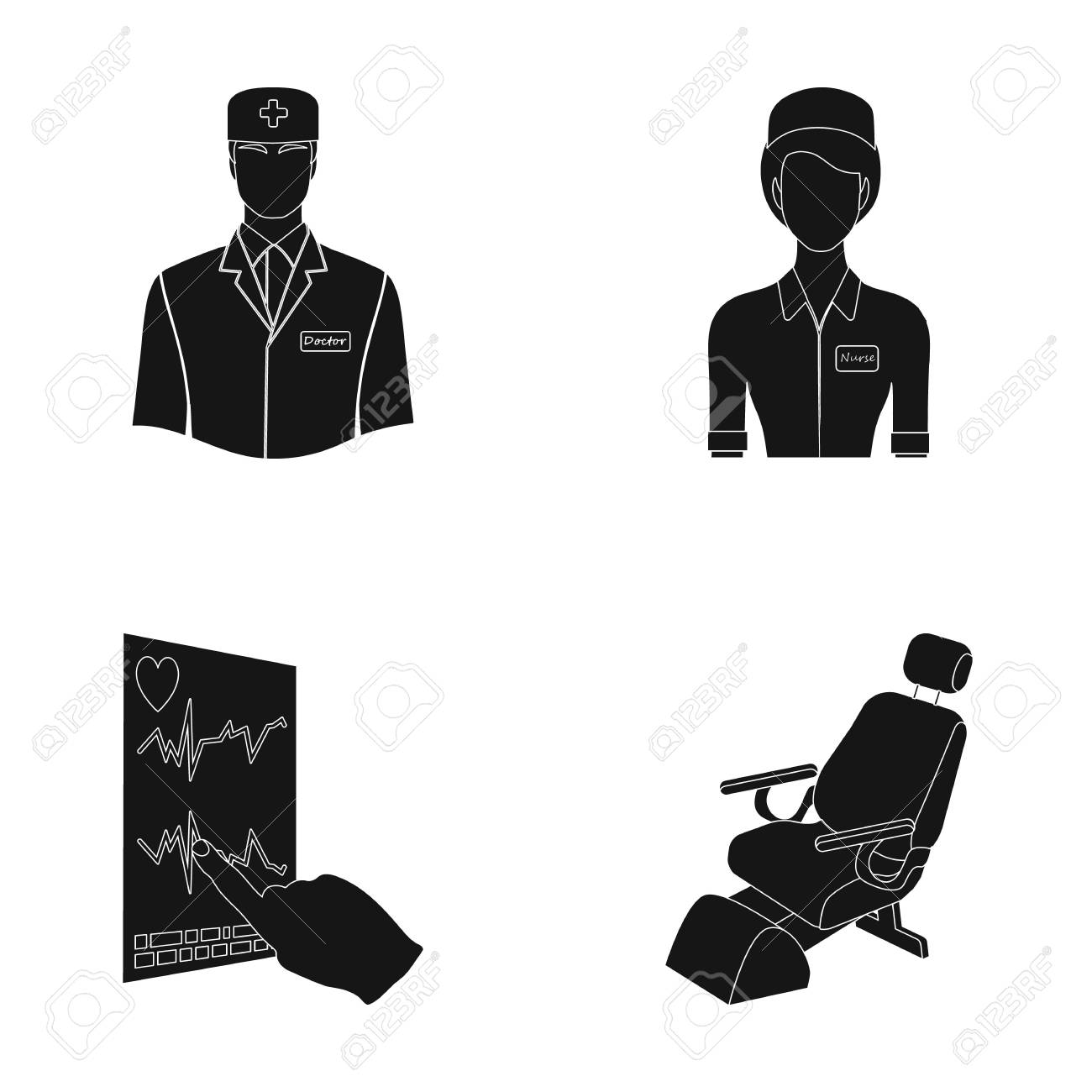 担当医 看護師 歯科椅子 心の心電図 Medicineset コレクション アイコン スタイル ベクトル シンボル ストック イラスト Web の イラスト素材 ベクタ Image