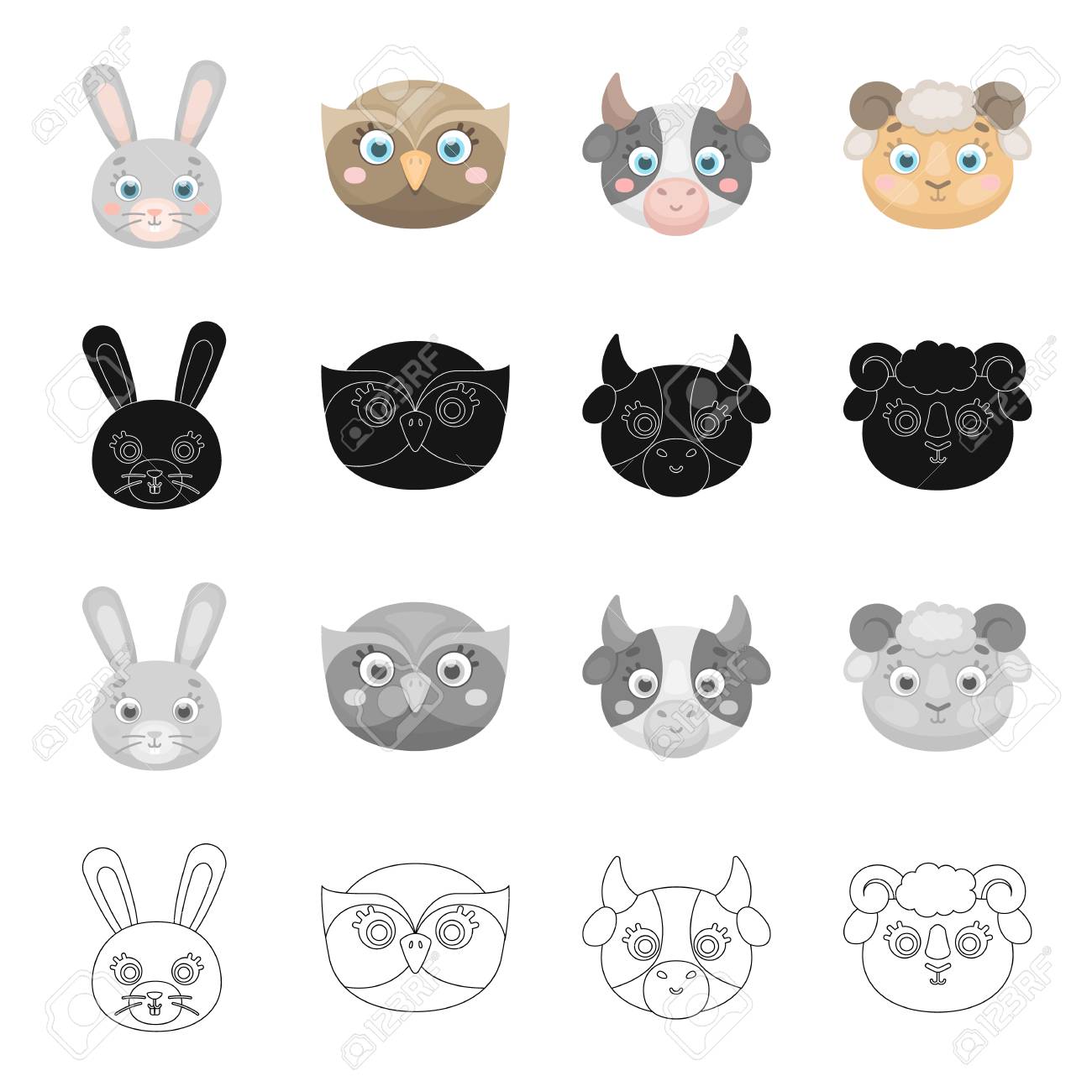 さまざまな種類の動物 ウサギ フクロウ 牛 羊の銃口の 動物の銃口は 漫画白黒黒のアウトライン スタイル ベクトル シンボル ストック イラスト Web のコレクションのアイコンを設定します のイラスト素材 ベクタ Image