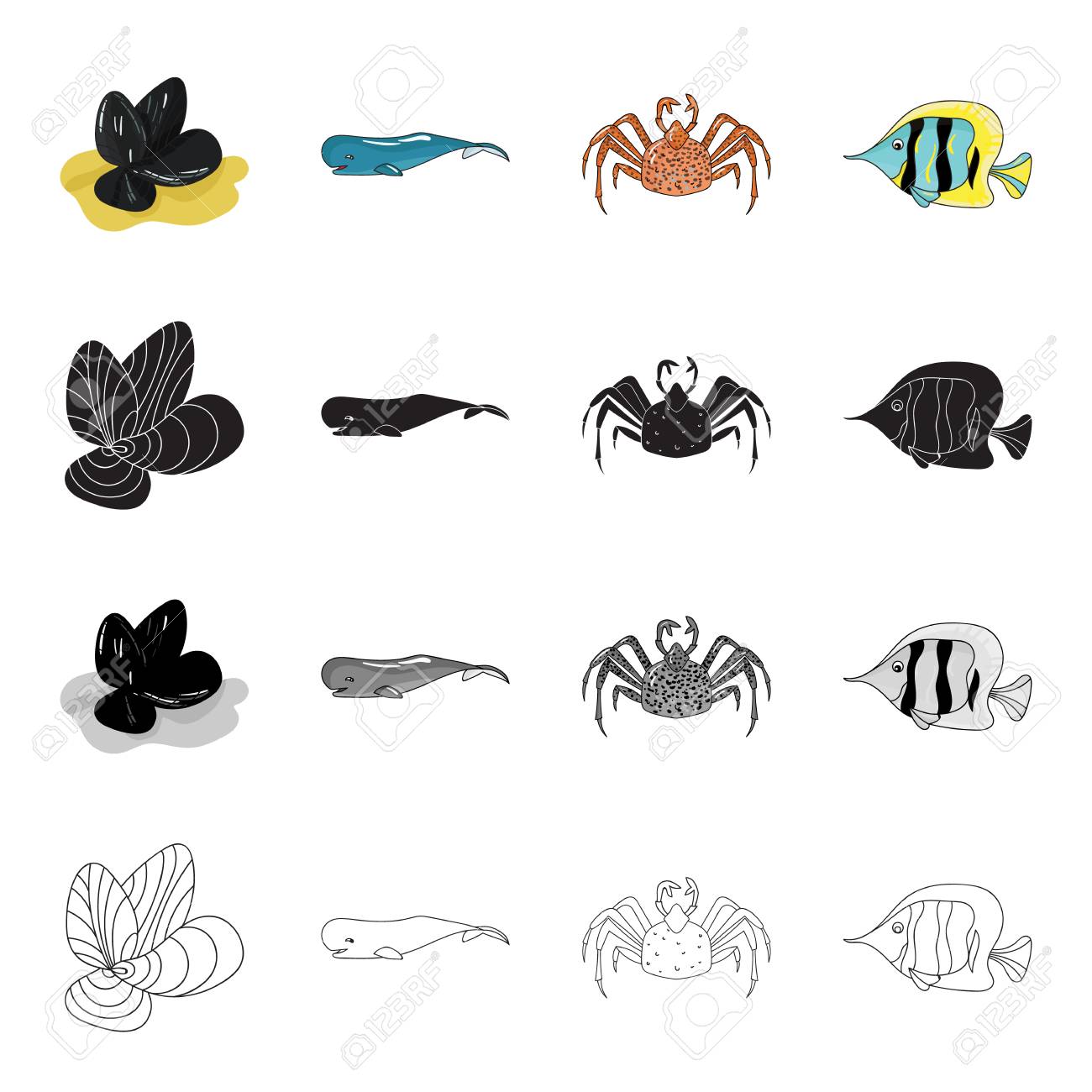 ムール貝 海クジラ カニ フィッシュピエロ 海の動物は 漫画の黒のモノクロのアウトラインスタイルベクトルシンボルストックイラスト ウェブでコレクションのアイコンを設定します のイラスト素材 ベクタ Image