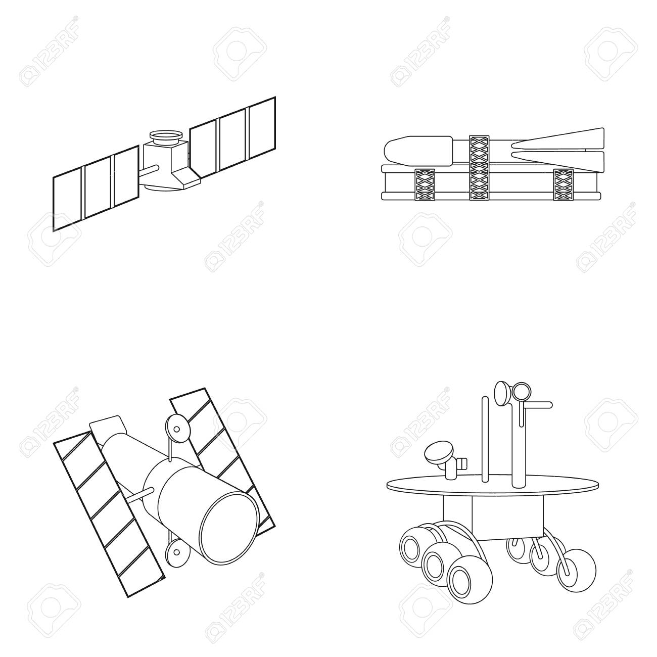 表面に月面車 打ち上げロケットの準備軌道の宇宙ステーション 宇宙技術は アウトライン スタイル ベクトル シンボル ストック イラスト でコレクションのアイコンを設定します のイラスト素材 ベクタ Image