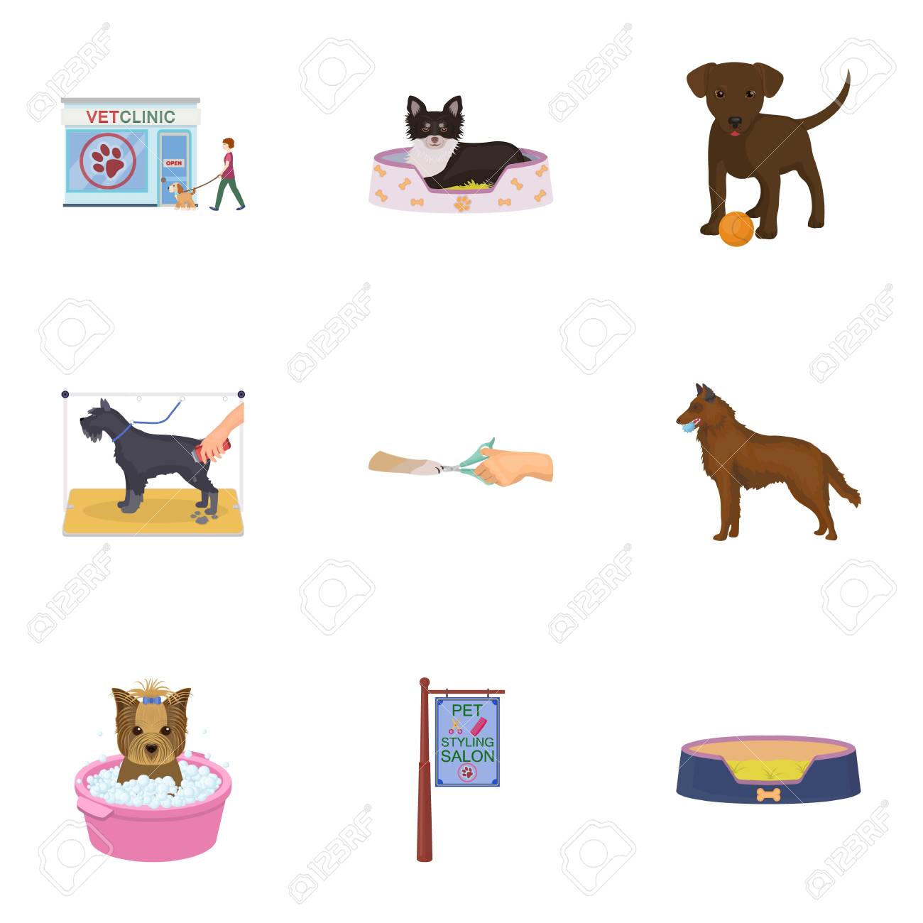 歩く犬 獣医診療所 犬の散髪 入浴 摂食ペット子犬 獣医医院 ペットの世話 漫画スタイルのベクトル シンボル ストック イラスト でコレクションのアイコンを設定します のイラスト素材 ベクタ Image