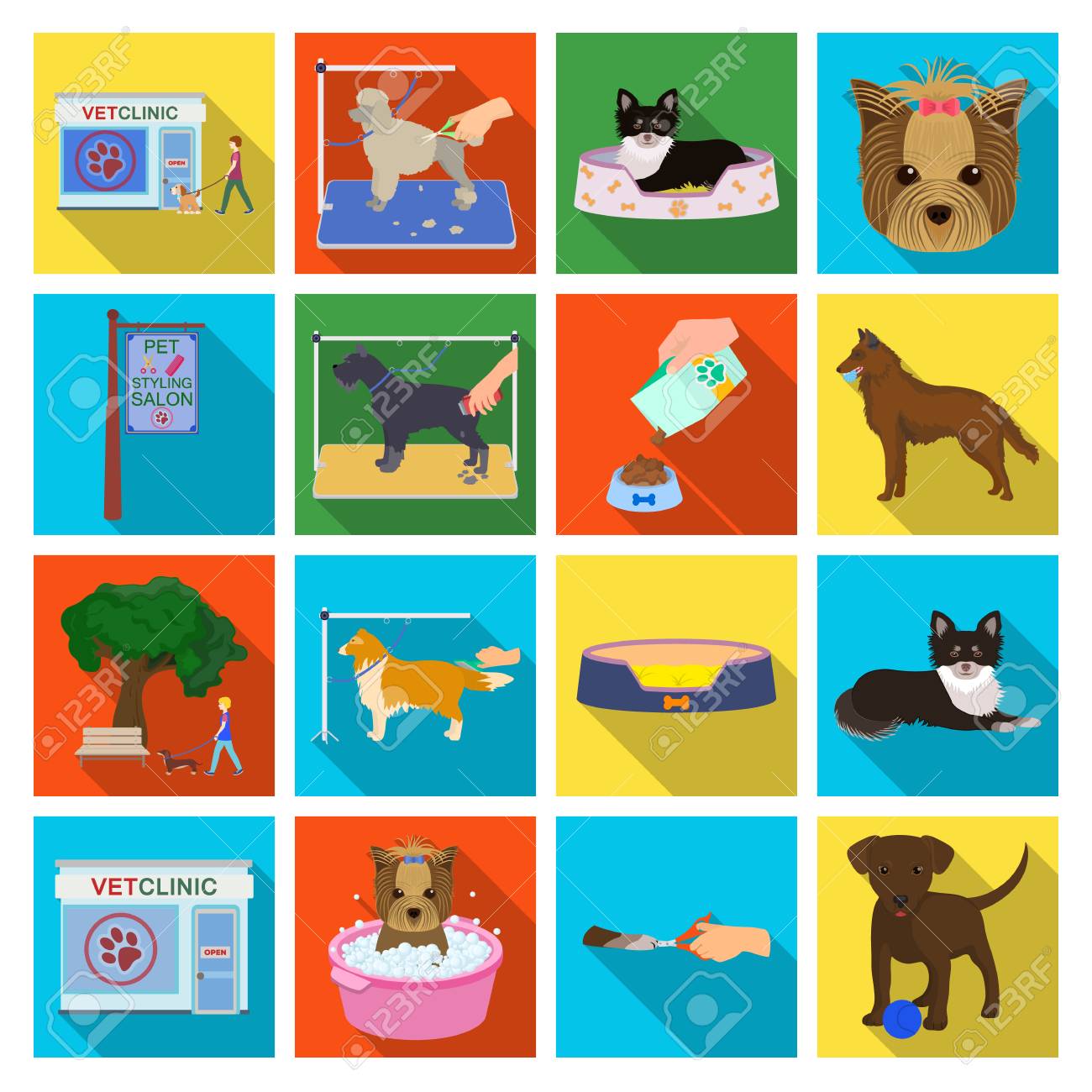 歩く犬 獣医診療所 犬の散髪 入浴 摂食ペット子犬 獣医医院とペットの世話 フラット スタイル ベクトル シンボル ストック イラスト Web でコレクションのアイコンを設定します のイラスト素材 ベクタ Image
