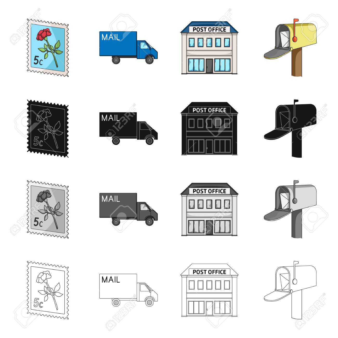 郵便局の建物 構造 およびその他のアイコンのスタイルを漫画します 封筒 手紙 電報のアイコン セットのコレクションのイラスト素材 ベクタ Image