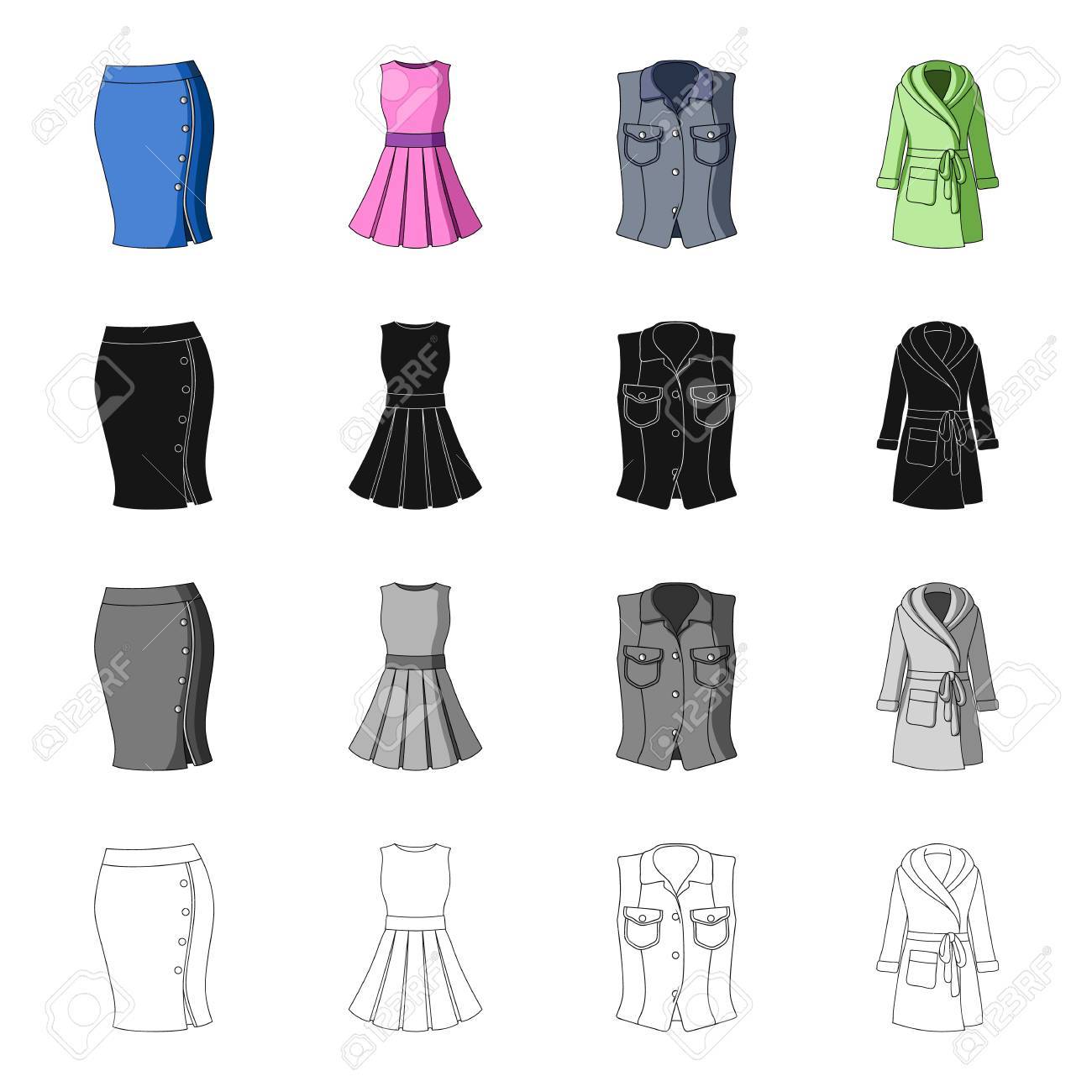女子スカート ショート ドレス 服ベスト 暖かいローブ 女性の服は 漫画白黒黒のアウトライン スタイル ベクトル シンボル ストック イラストでコレクションのアイコンを設定します のイラスト素材 ベクタ Image