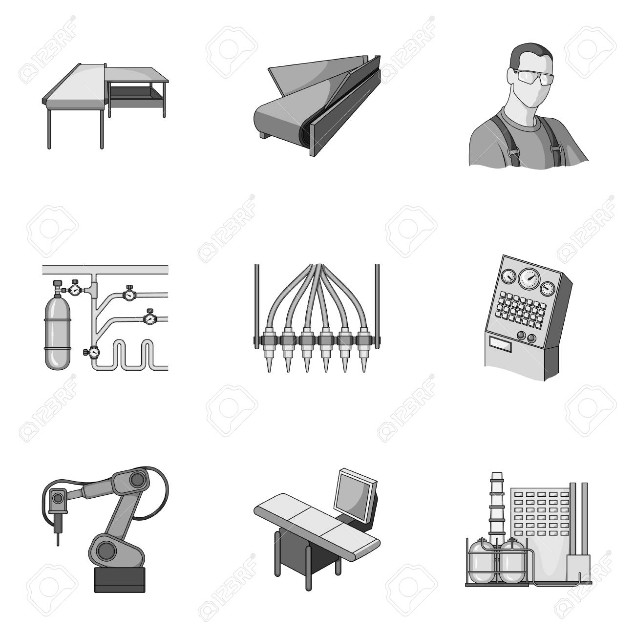 モノクロスタイルの工場設備や機械やその他のアイコン セットコレクションの新しい生産技術アイコン のイラスト素材 ベクタ Image