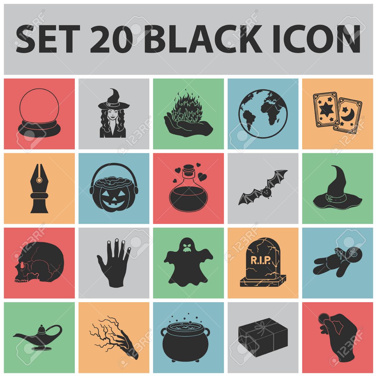 デザインのためのセットコレクションに黒と白の魔法の黒のアイコン 属性と魔術アクセサリーベクトルシンボルストックウェブイラスト のイラスト素材 ベクタ Image