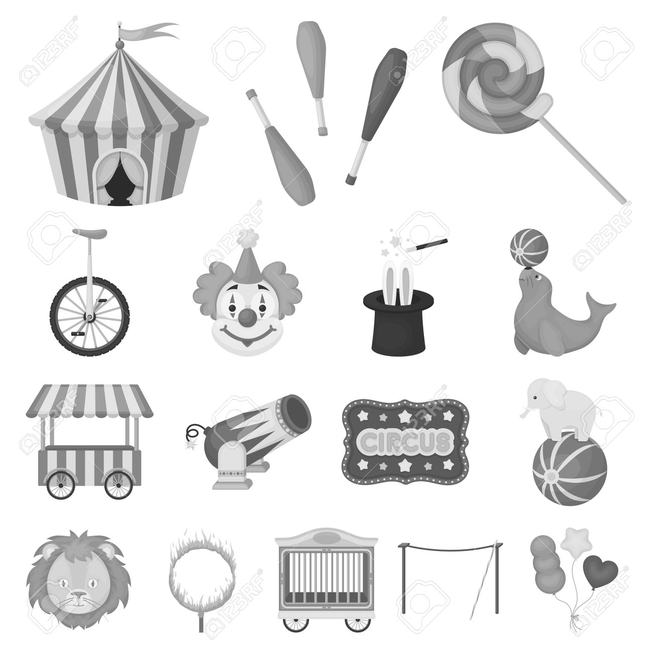 デザインのためのセットコレクション内のサーカスと属性モノクロアイコン サーカスアートベクトルシンボルストックイラスト のイラスト素材 ベクタ Image 93150420