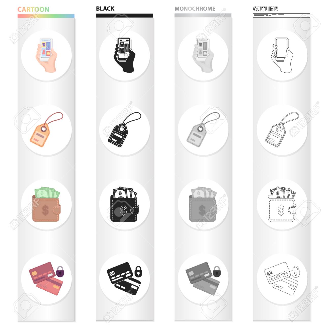 手に電話 製品ラベル 購入のための財布の現金 電子商取引のための