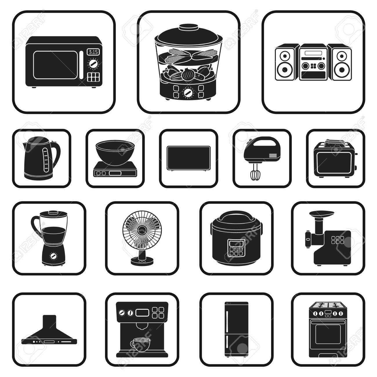 デザインのためのセットコレクションの家電製品の黒いアイコンの種類 キッチン用品ベクトルシンボルストックイラスト のイラスト素材 ベクタ Image デザインのためのセットコレクションの家電製品の黒いアイコンの種類 キッチン用品ベクトルシンボルストックイラスト のイラスト素材 ベクタ Image