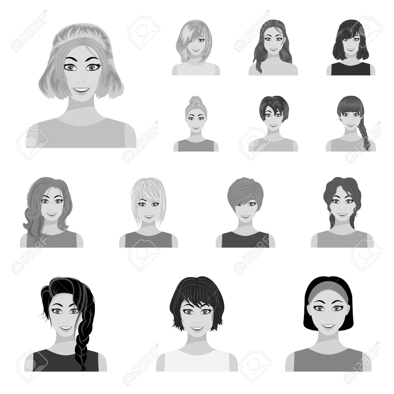 デザインのためのセットコレクション内の女性のヘアスタイルアイコンの種類 女性ベクトルシンボルストックウェブイラストの登場 のイラスト素材 ベクタ Image