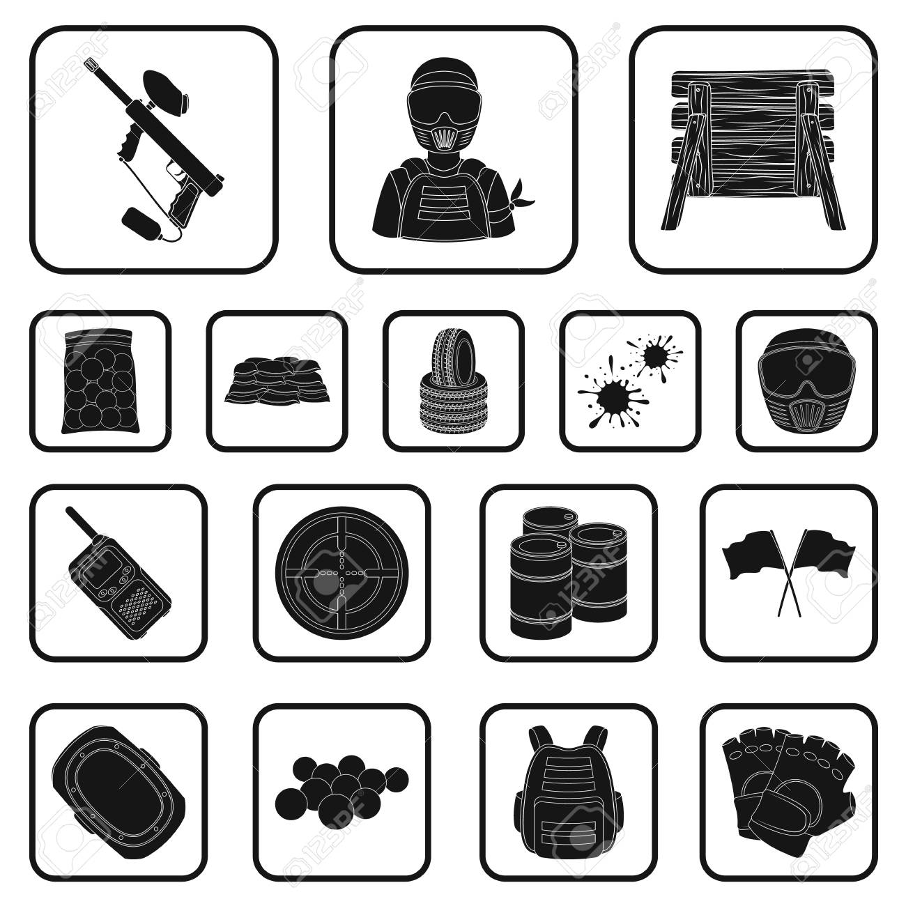 ペイントボール デザインのためのセットコレクションでチームゲームの黒のアイコン 装備と衣装ベクトルシンボルストックウェブイラスト のイラスト素材 ベクタ Image