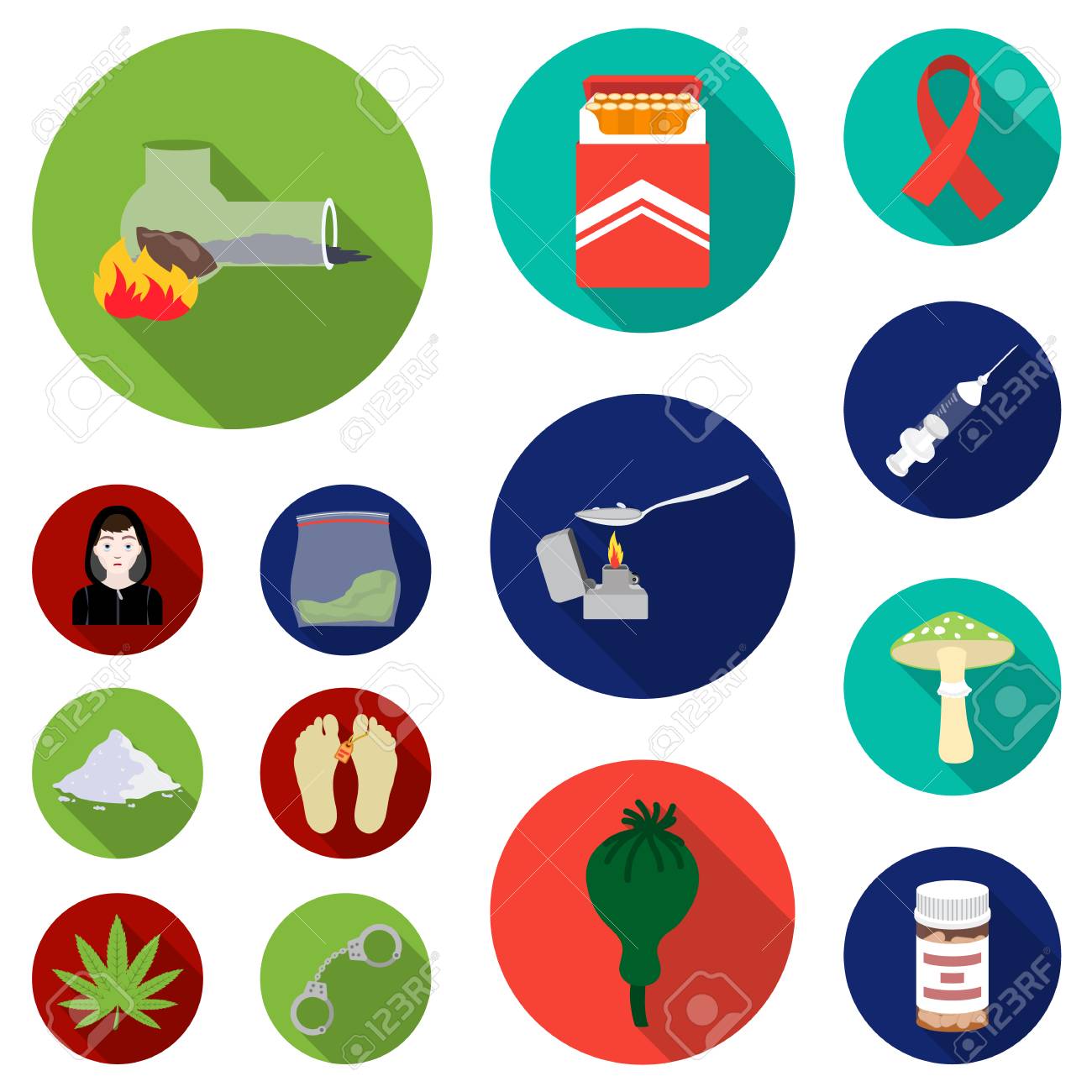 薬物中毒と属性は デザインのためのセットコレクションでフラットアイコン 中毒と薬物ベクトルシンボルストックイラスト のイラスト素材 ベクタ Image