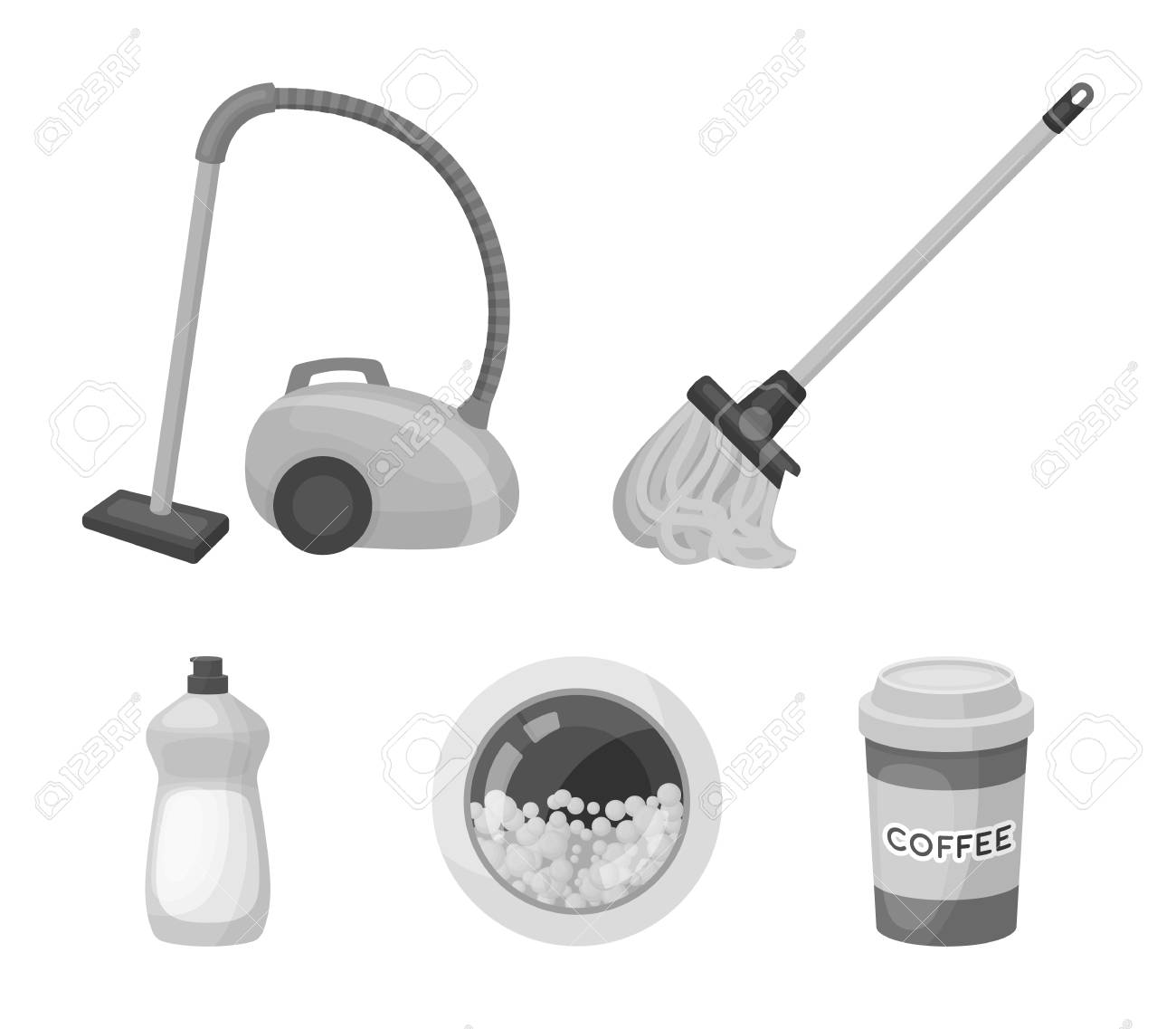 床を洗うためのハンドル付きのモップ 緑の掃除機 水と泡を備えた洗濯機の窓 洗浄剤付きのボトル モノクロスタイルベクトルシンボルストックイラスト でコレクションアイコンをクリーニングします のイラスト素材 ベクタ Image