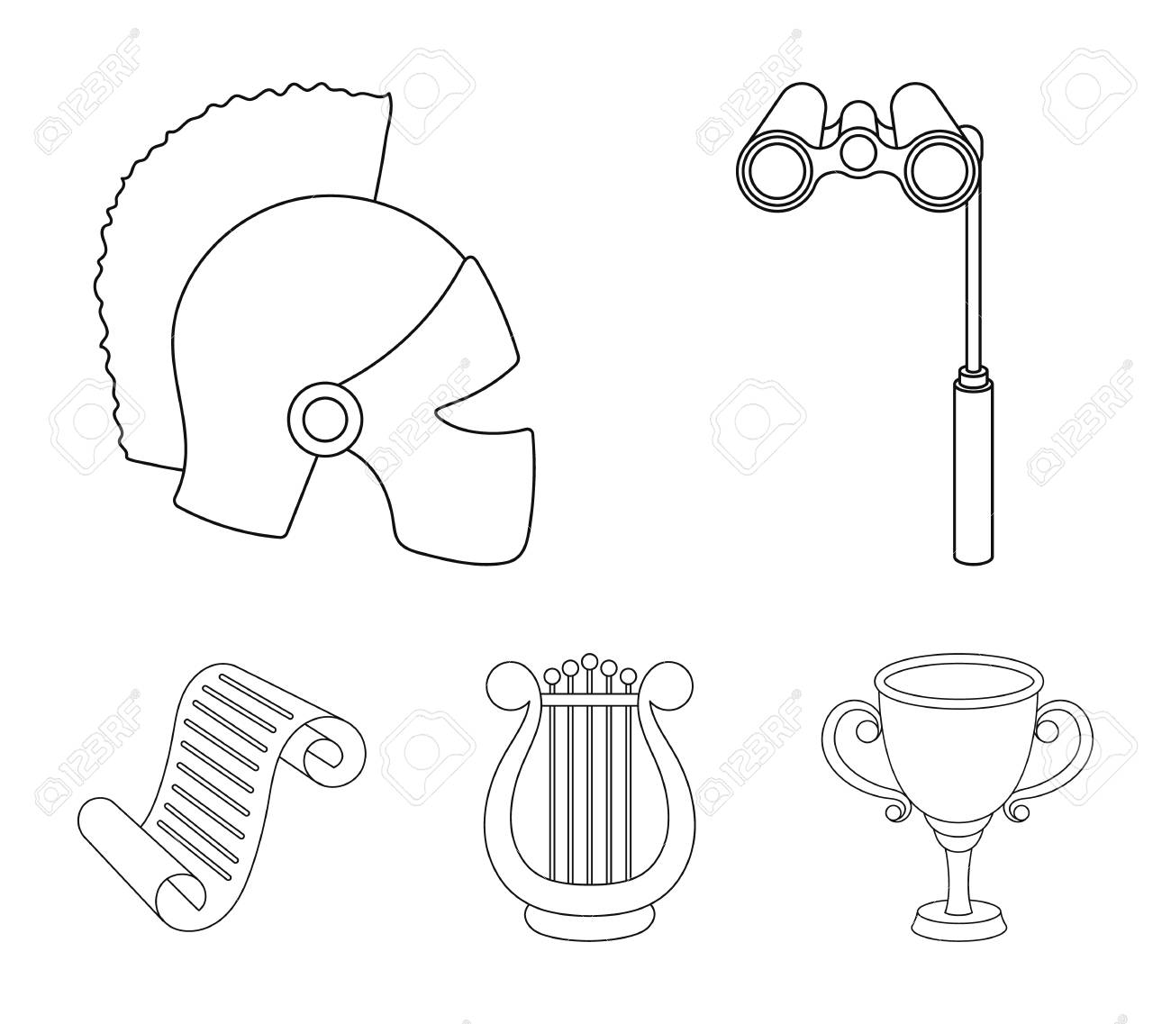 劇場の双眼鏡 ヘルメット ハープと紙の巻物 アウトラインスタイルベクトルシンボルストックイラストウェブのシアターセットコレクションアイコン のイラスト素材 ベクタ Image 9584