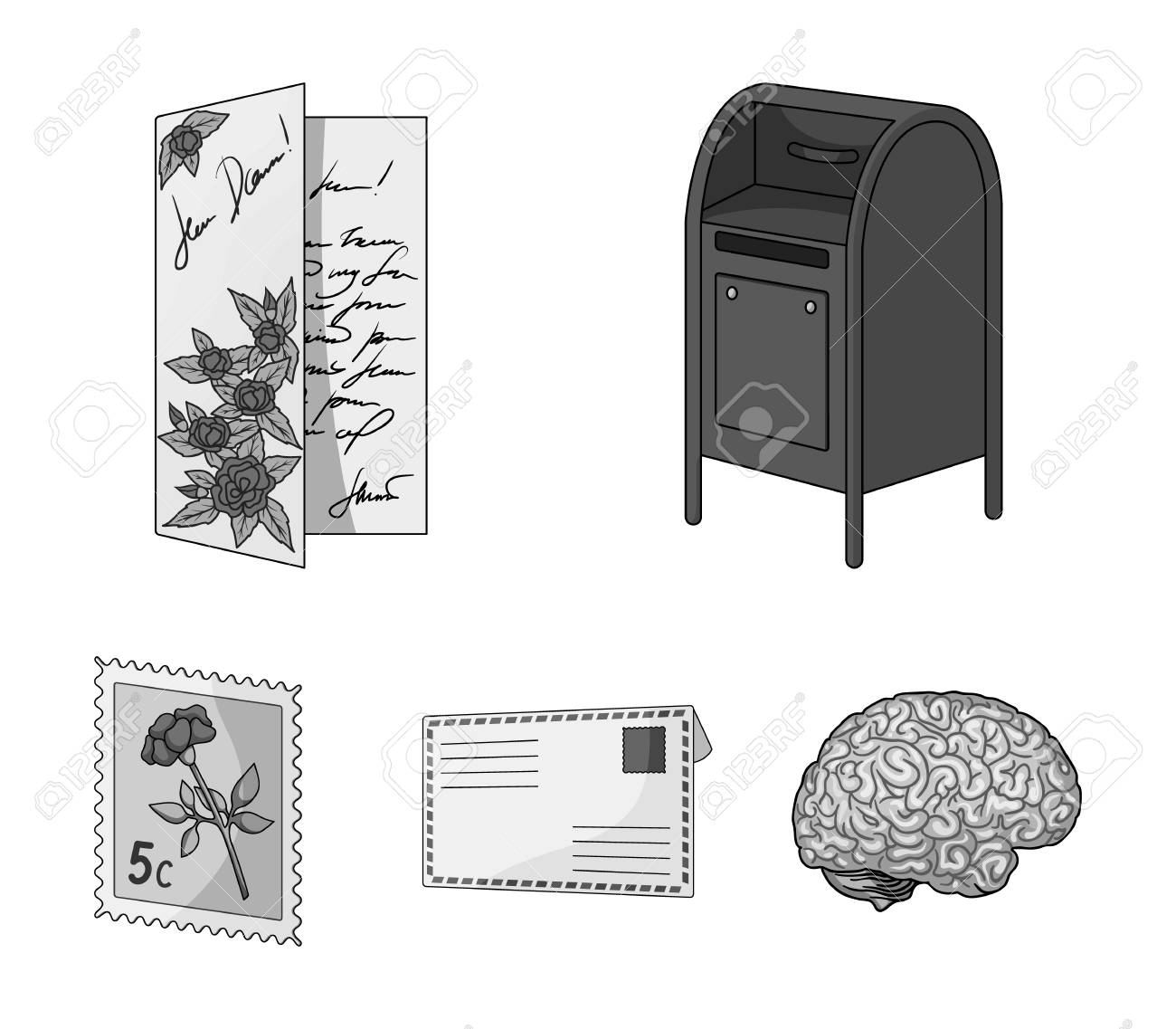 郵便受け お祝いのカード 郵便切手 封筒 メールと郵便配達員は モノクロスタイルベクトルシンボルのストックイラストで収集アイコンを設定します の イラスト素材 ベクタ Image