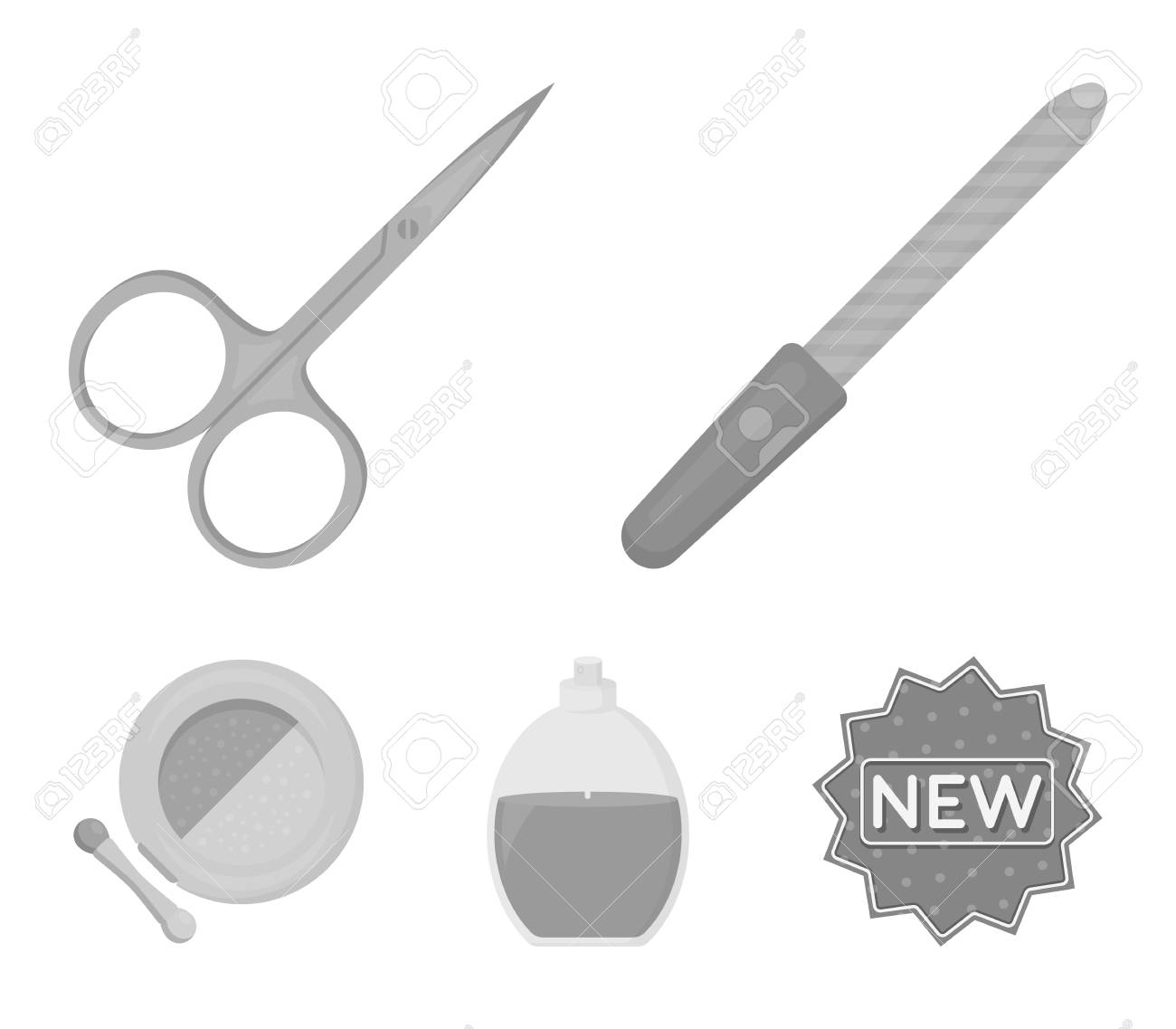 爪のファイル 爪のためのはさみ 香水 ブラシ付きの粉末 モノクロスタイルベクトルシンボルのストックイラストでメイクアップセットコレクションアイコン の イラスト素材 ベクタ Image