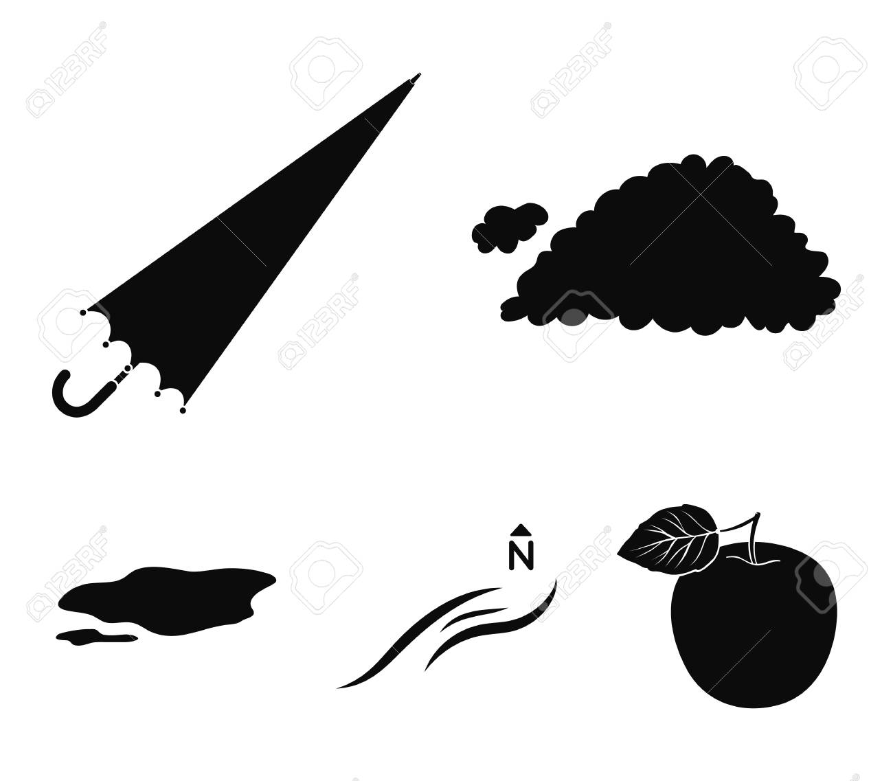 雲 傘 北風 地面に水たまり 天気は 黒のスタイルのベクトルシンボルのストックイラストやその他のwebアイコンでコレクションアイコンを設定します の イラスト素材 ベクタ Image
