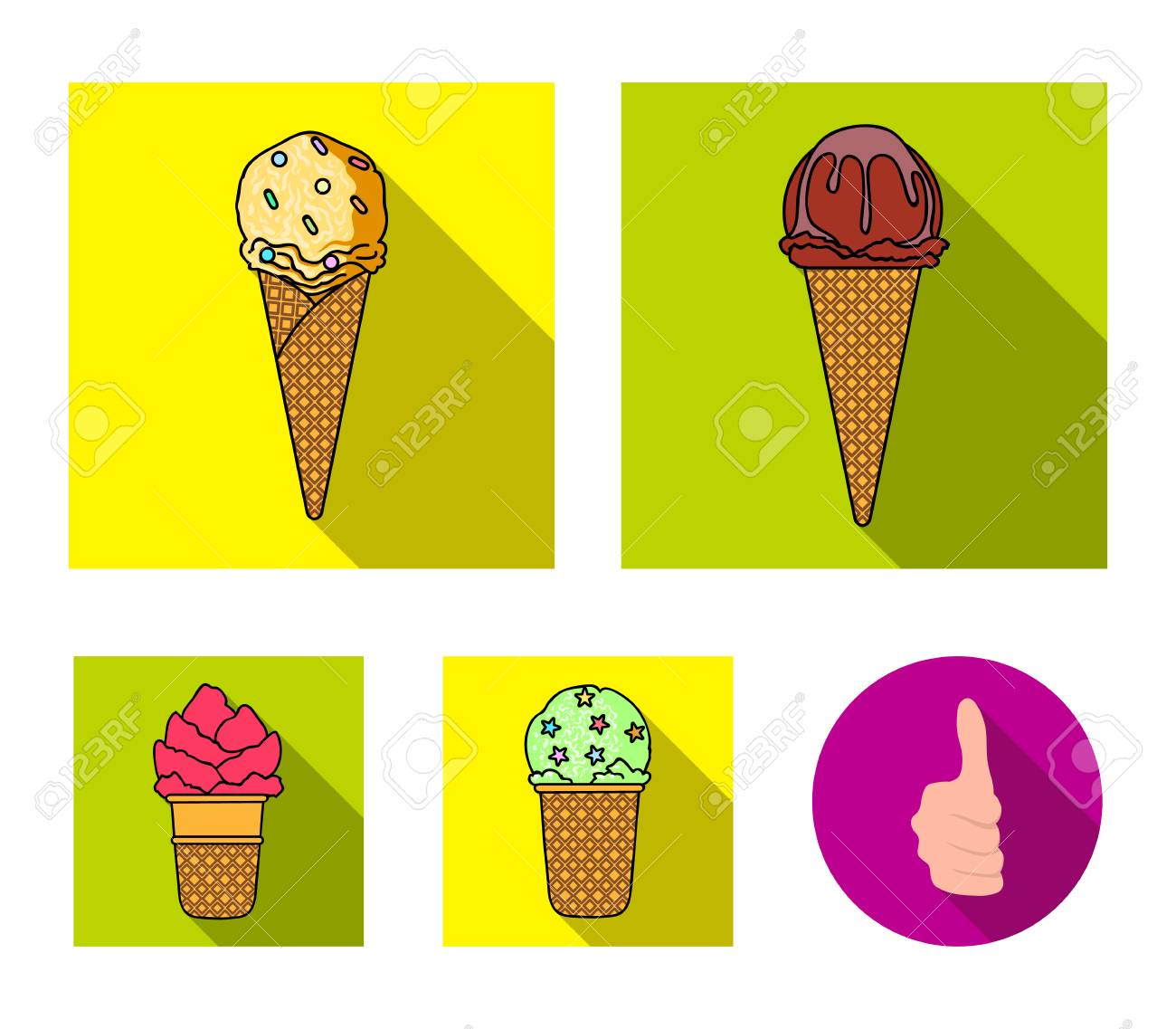異なる味で コーンの異なる種類のアイスクリーム フラットスタイルベクトルシンボルストックイラストウェブでアイスクリームセットコレクションアイコン のイラスト素材 ベクタ Image
