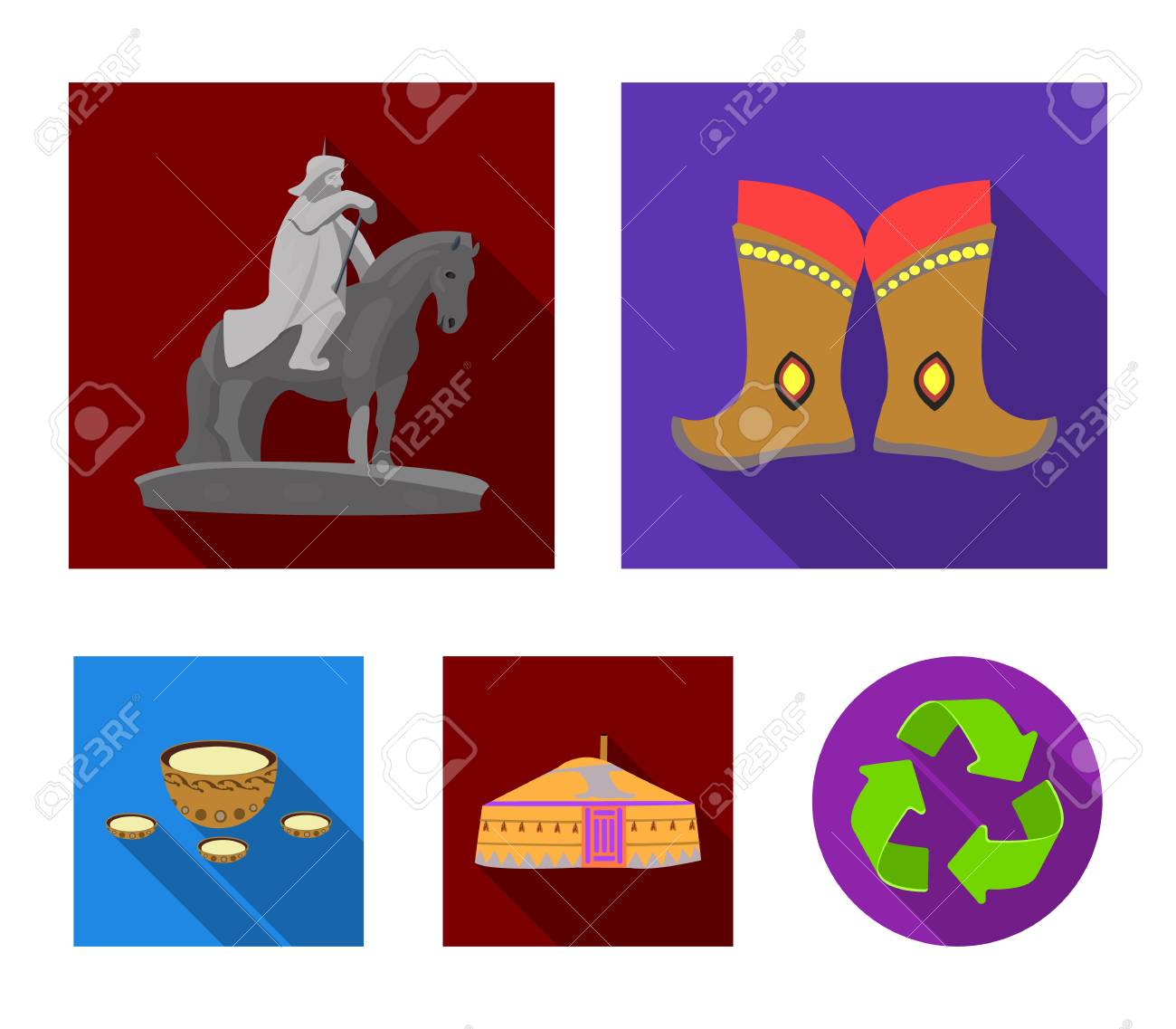軍用ブーツ 馬の上の男の像 国のテント ミルクドリンク モンゴルは フラットスタイルベクトルシンボルのストックイラスト ウェブでコレクションアイコンを設定します のイラスト素材 ベクタ Image