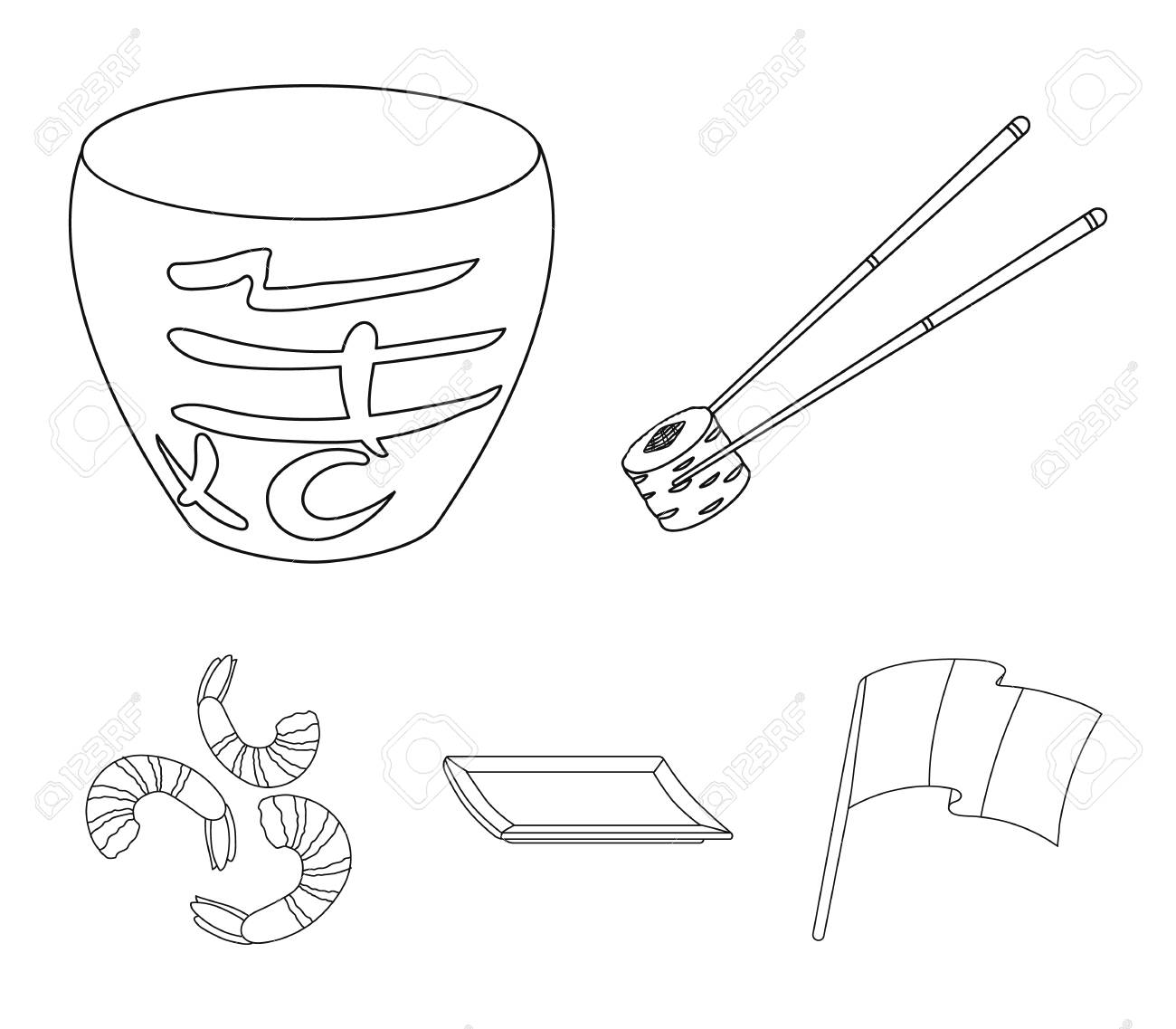 スティック エビ 基板 ボウル モノクロスタイルベクトルシンボルイラストウェブで寿司セットコレクションアイコン のイラスト素材 ベクタ Image