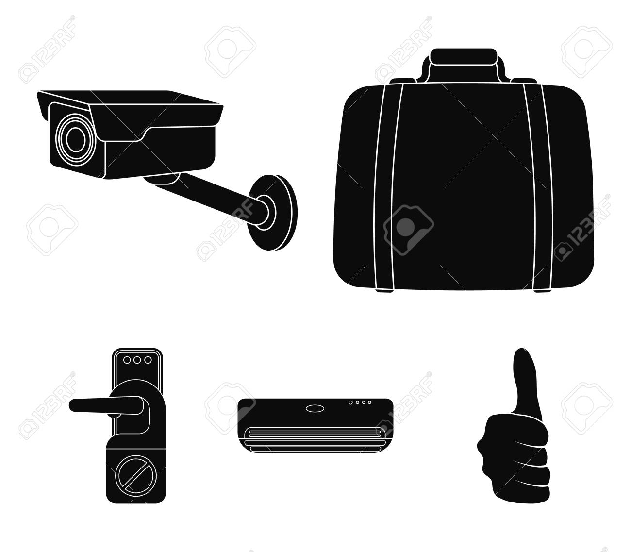 荷物 監視カメラ エアコン 標識を邪魔しないでください ホテルセットコレクションアイコンをブラックスタイルベクトルシンボルストックイラストウェブで の イラスト素材 ベクタ Image