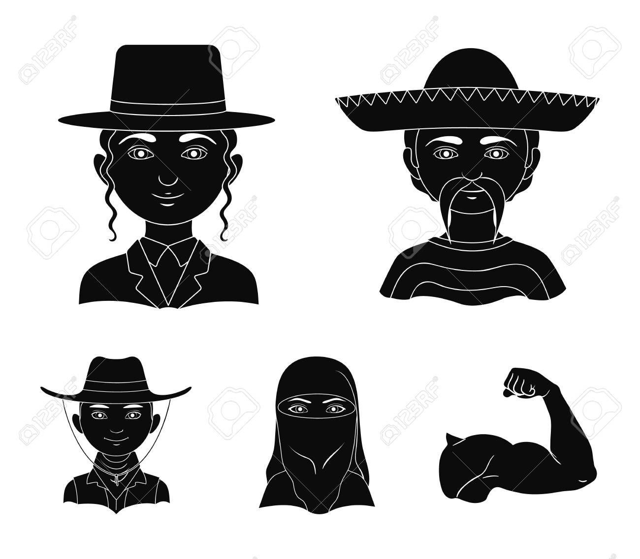 メキシコ人 ユダヤ人 中東出身の女性 アメリカ人 黒いスタイルのベクトルシンボルストックイラストウェブで人類のセットコレクションアイコン のイラスト素材 ベクタ Image