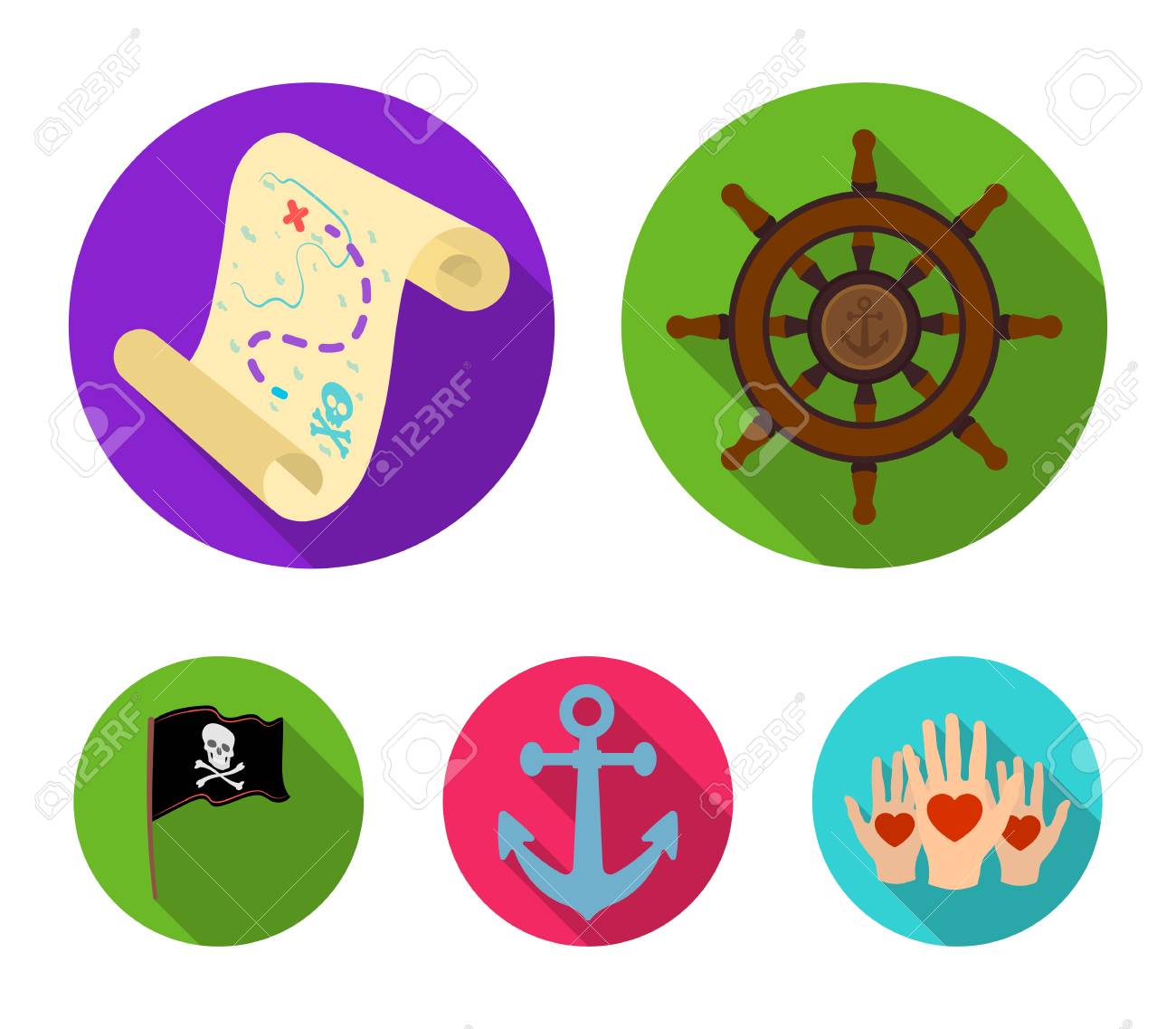 海賊 盗賊 舵 旗 パイレーツは フラットスタイルベクトルシンボルのストックイラストウェブでコレクションアイコンを設定します のイラスト素材 ベクタ Image