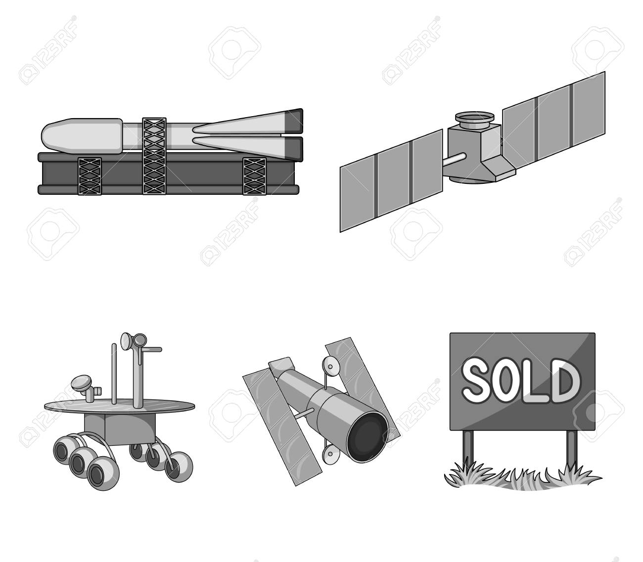 軌道上の宇宙ステーション 打ち上げロケットの準備 表面上の月面ローバー 空間技術は モノクロスタイルベクトルシンボルの株式イラスト ウェブで収集アイコンを設定します のイラスト素材 ベクタ Image