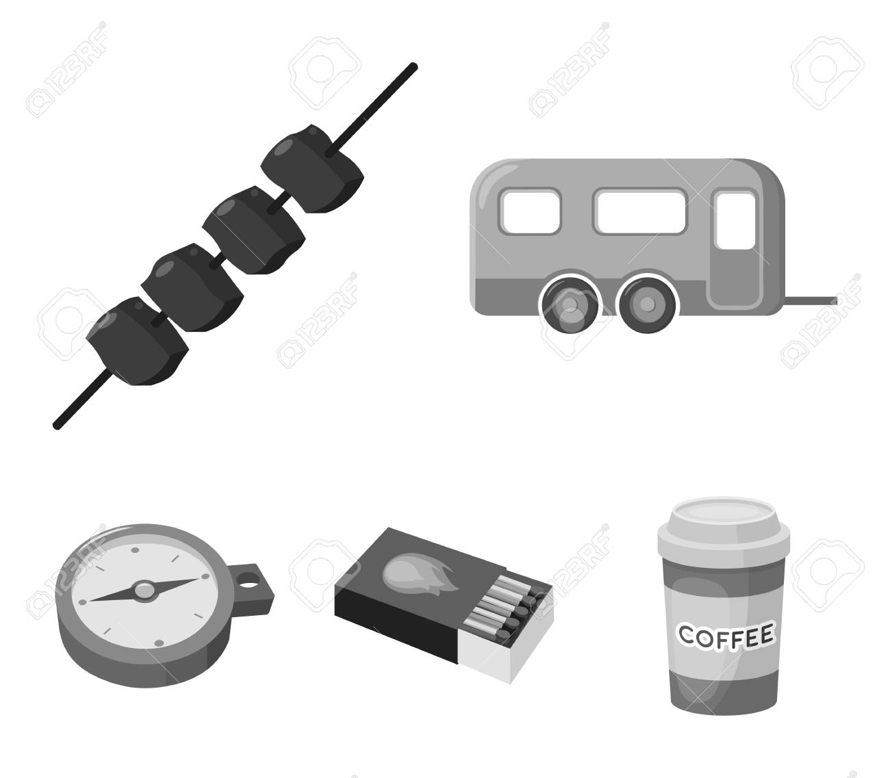 トレーラー シシケバブ マッチ コンパス モノクロスタイルベクターシンボルストックイラストウェブのキャンプセットコレクションアイコン のイラスト素材 ベクタ Image