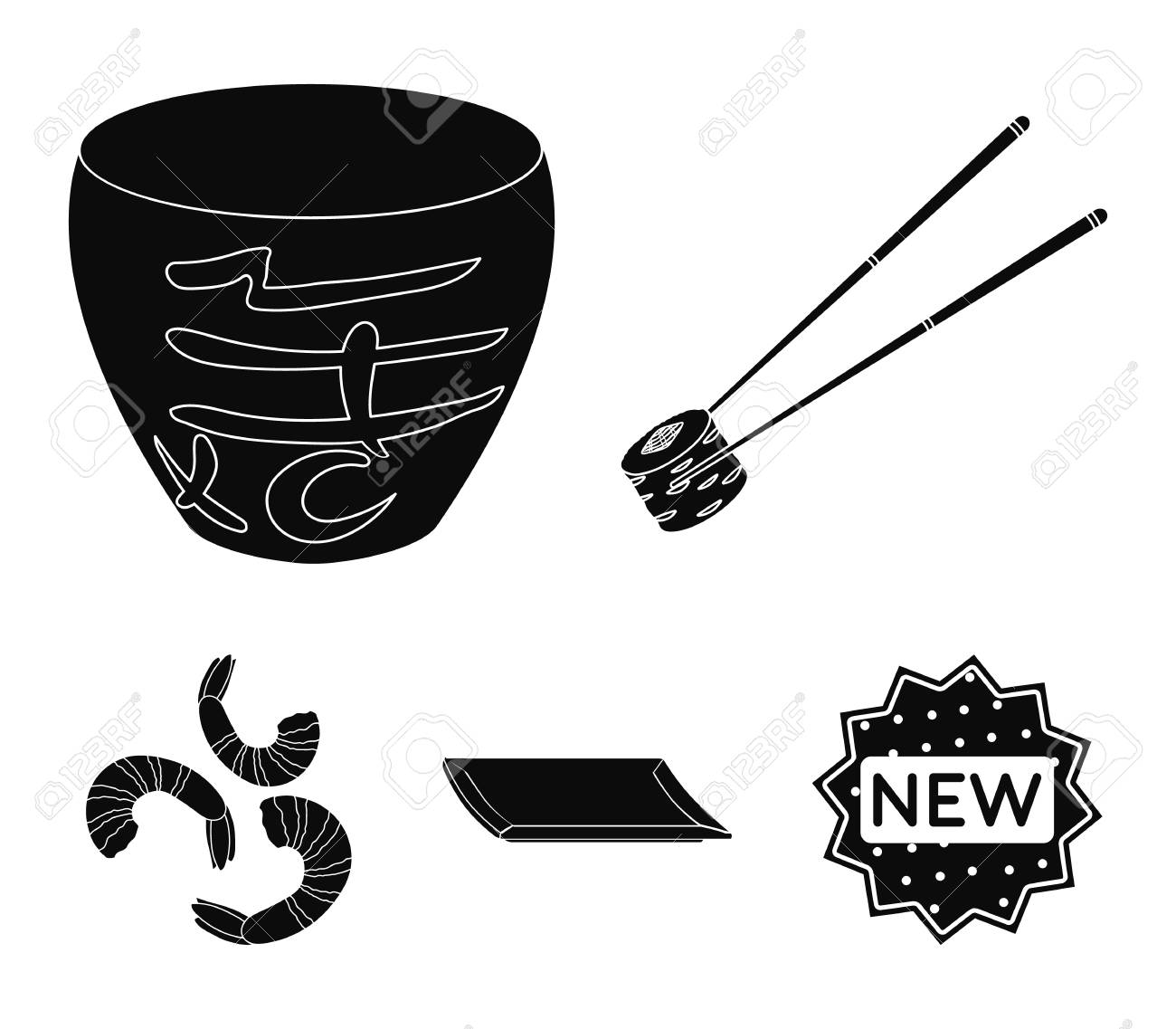 スティック エビ 基板 ボウル 黒スタイルのベクトルシンボルストックイラストで寿司セットコレクションアイコン のイラスト素材 ベクタ Image