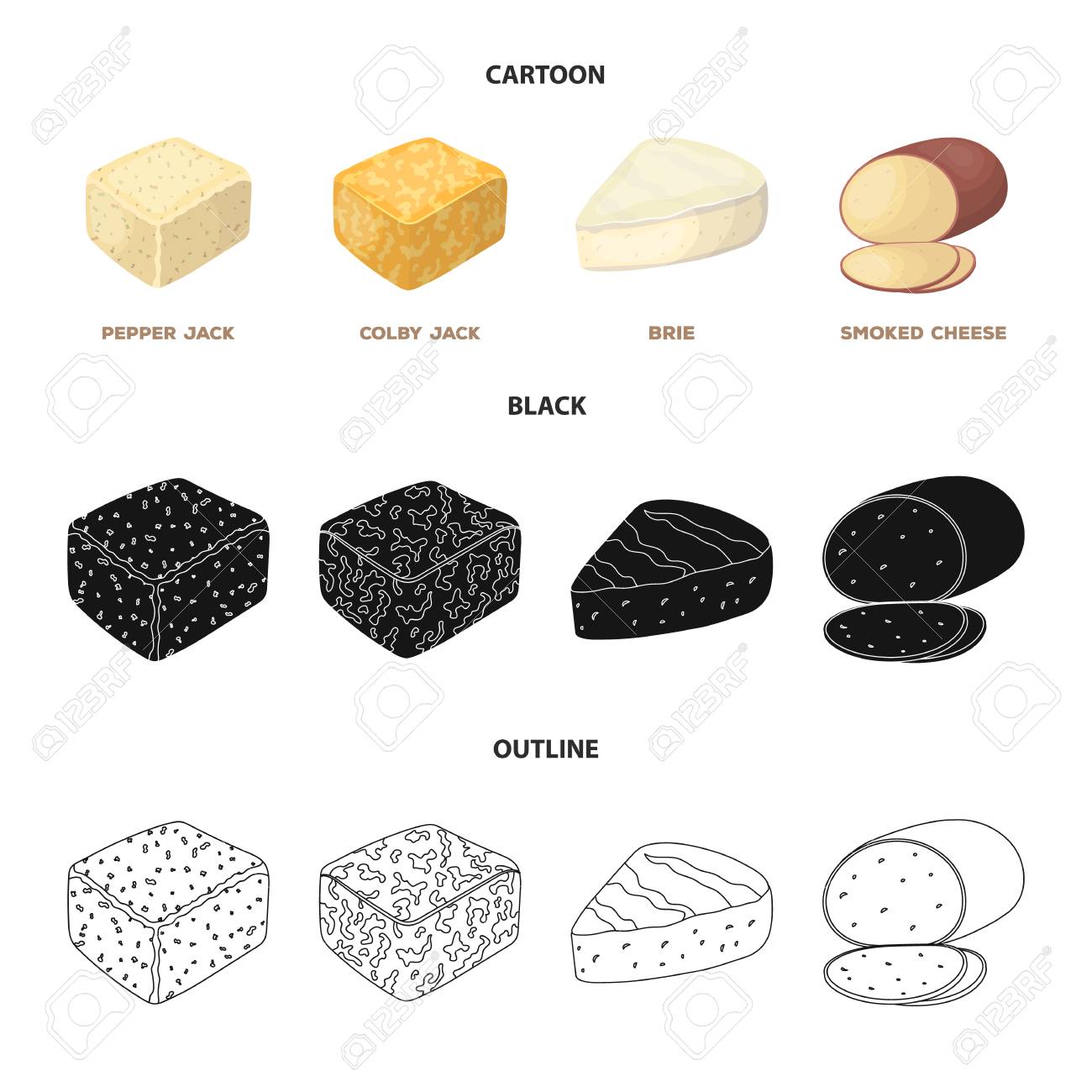 Brynza Smoked Colby Jack Pepper Jack Different Types Of Cheese Set Collection Icons In Cartoon Black Outline Style Vector Symbol Stock Illustration Royalty Free Cliparts Vectors And Stock Illustration Image 97462159
