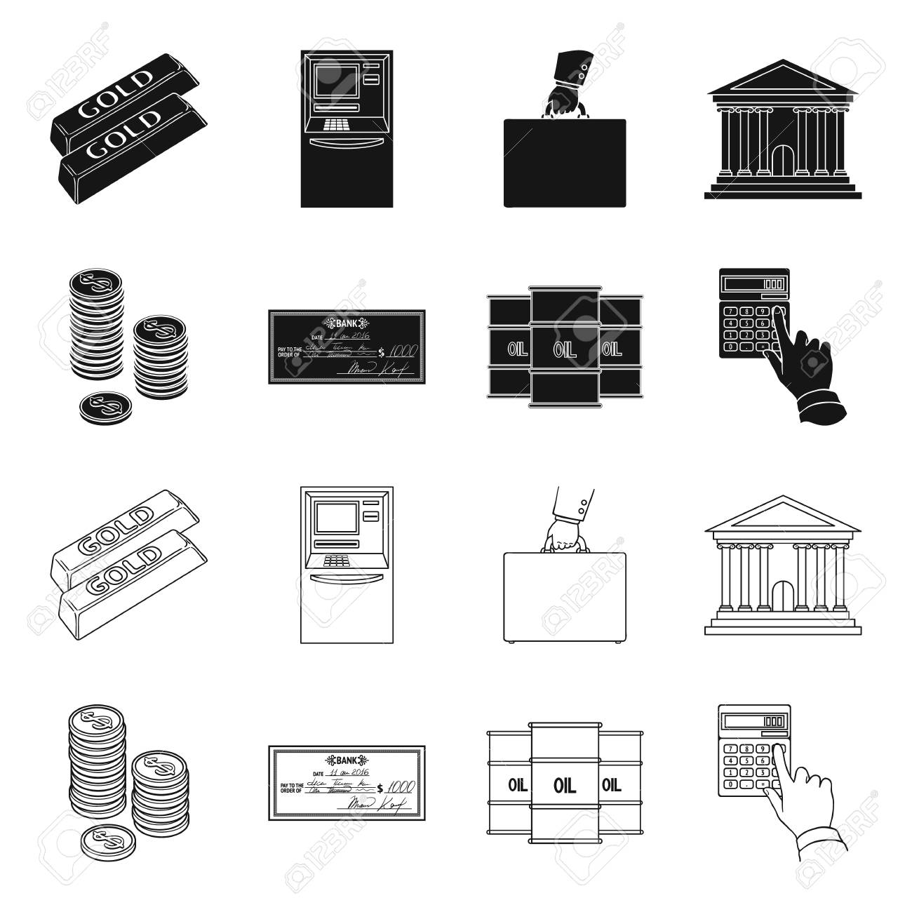 コインのスタック 銀行小切手 電卓 ブラックゴールド 黒 アウトラインスタイルベクターシンボル株式イラスト ウェブでお金とファイナンスセットコレクションアイコン のイラスト素材 ベクタ Image
