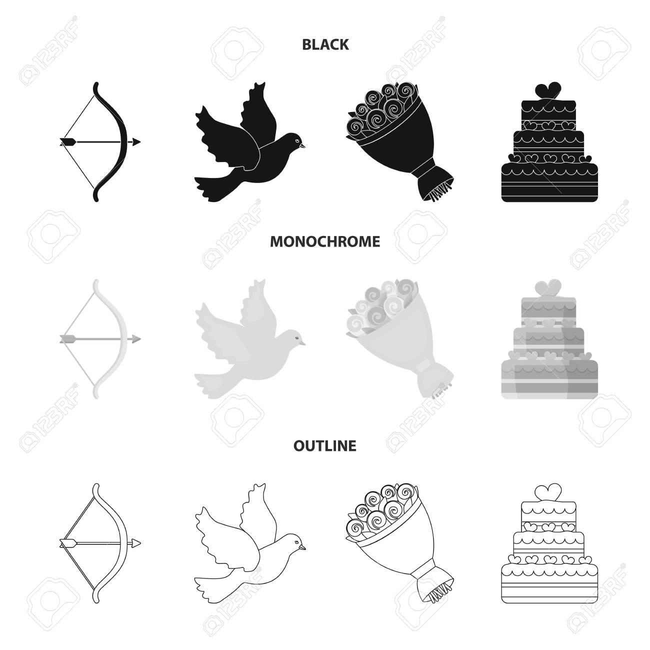 アローキューピッド 鳩 花束 ウェディングケーキ ブラック モノクロ アウトラインスタイルベクトルシンボルストックイラストのウェディングセットコレクションアイコン のイラスト素材 ベクタ Image