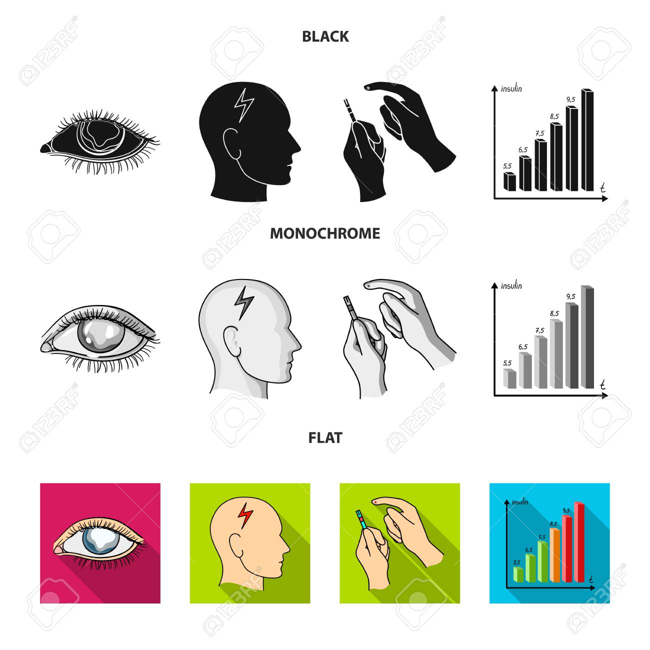視力不良 頭痛 ブドウ糖検査 インスリン依存性 ブラック フラット モノクロスタイルベクターシンボルストックイラスト ウェブの糖尿病セットコレクションアイコン のイラスト素材 ベクタ Image