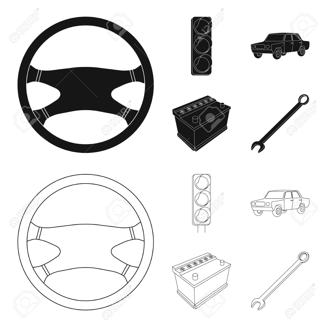 Traffic Light Old Car Battery Wrench Car Set Collection Icons