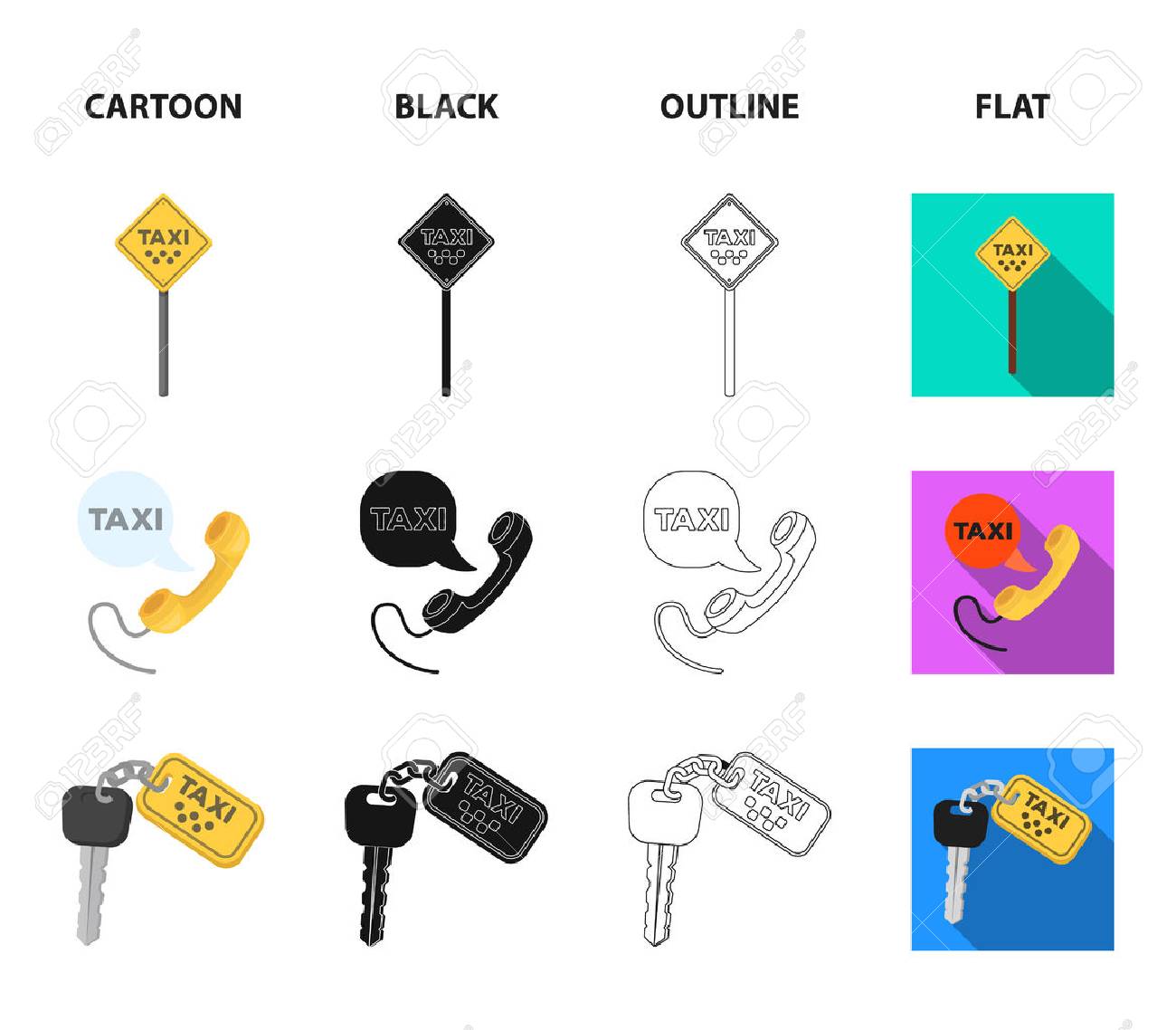 Handset with the inscription of a taxi, car keys with a key fob, a stopwatch with a fare, a purse with money, dollars. Taxi set collection icons in cartoon,black,outline,flat style vector symbol stock illustration web. - 101990380 Handset with the inscription of a taxi, car keys with a key fob, a stopwatch with a fare, a purse with money, dollars. Taxi set collection icons in cartoon,black,outline,flat style vector symbol stock illustration web. - 101990380