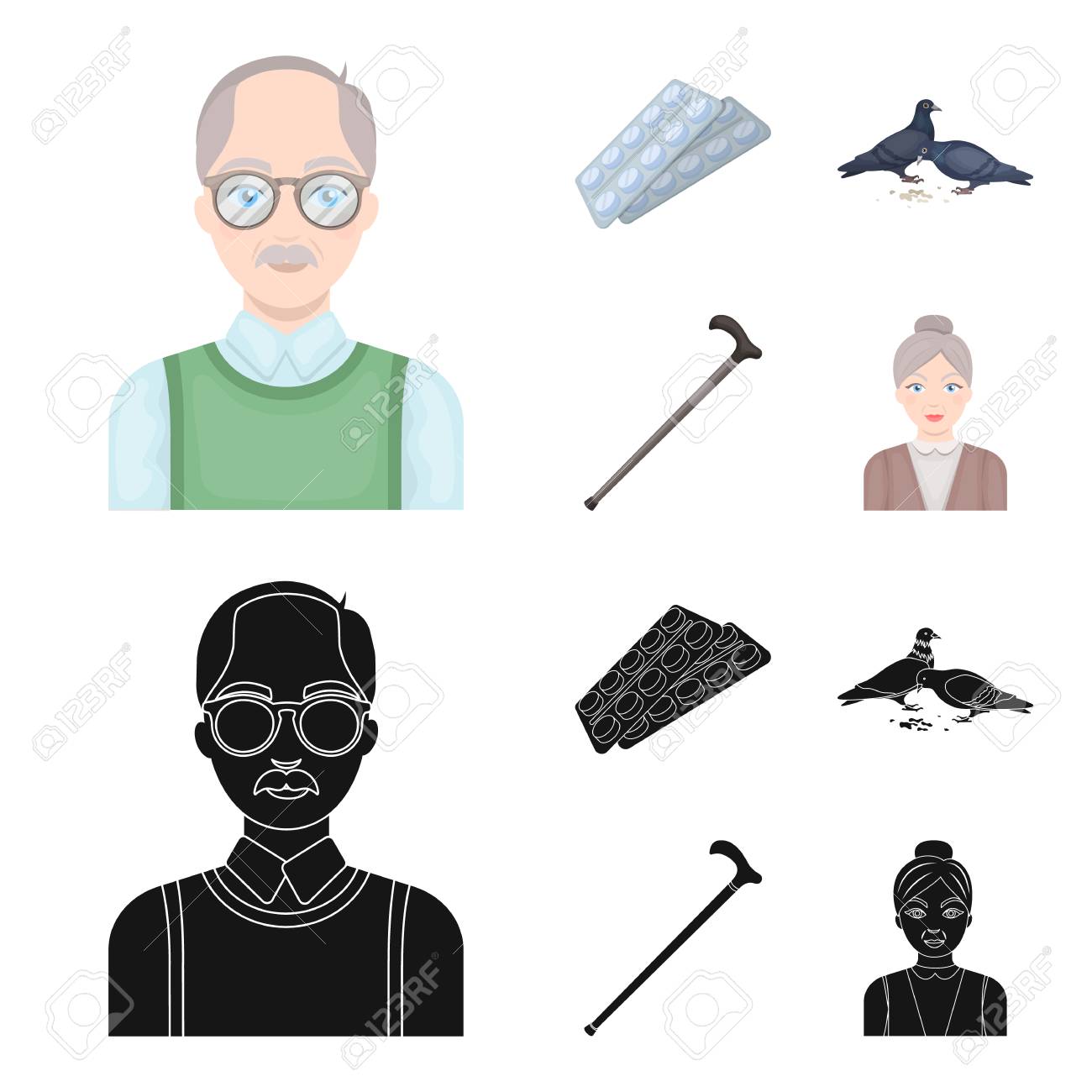 Elderly men, tablets, pigeons, walking cane.Old age set collection icons in cartoon,black style vector symbol stock illustration web. - 104518673 Elderly men, tablets, pigeons, walking cane.Old age set collection icons in cartoon,black style vector symbol stock illustration web. - 104518673