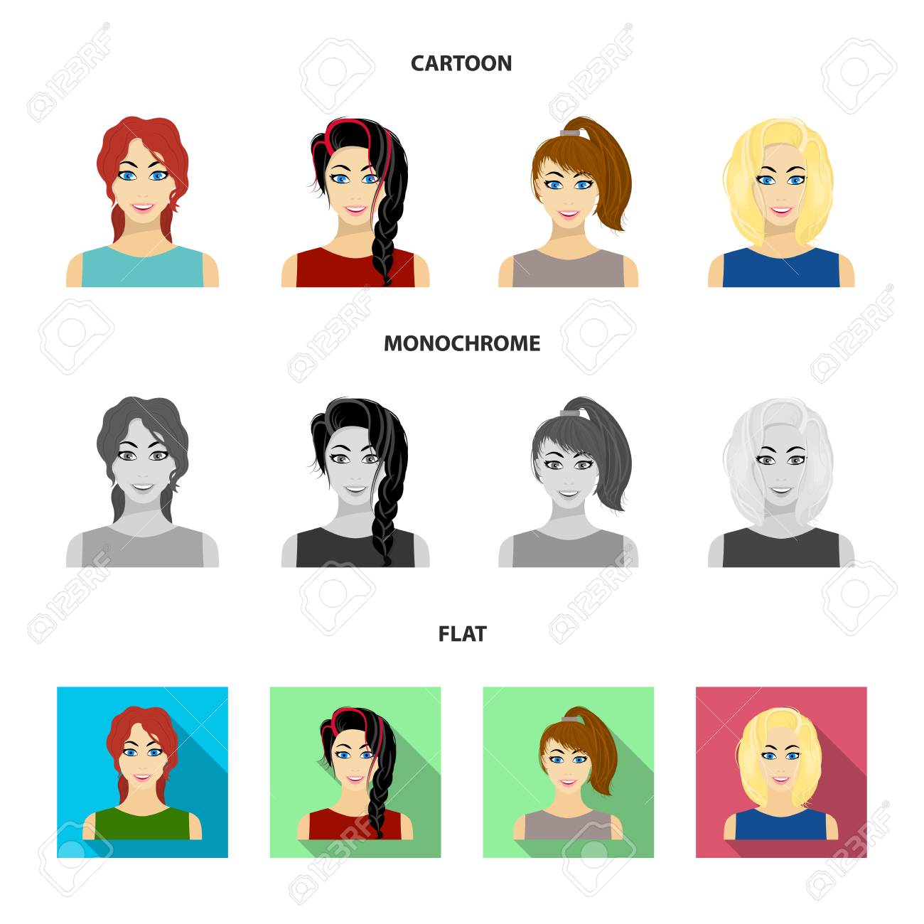 Types Of Female Hairstyles Cartoon Flat Monochrome Icons In Set