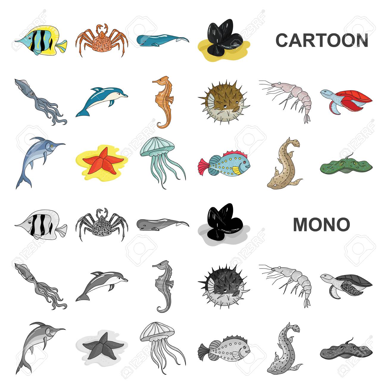 デザインのためのセットコレクションで海洋動物の漫画のアイコンの様々な 魚介類のベクトルシンボルの株式ウェブイラスト のイラスト素材 ベクタ Image