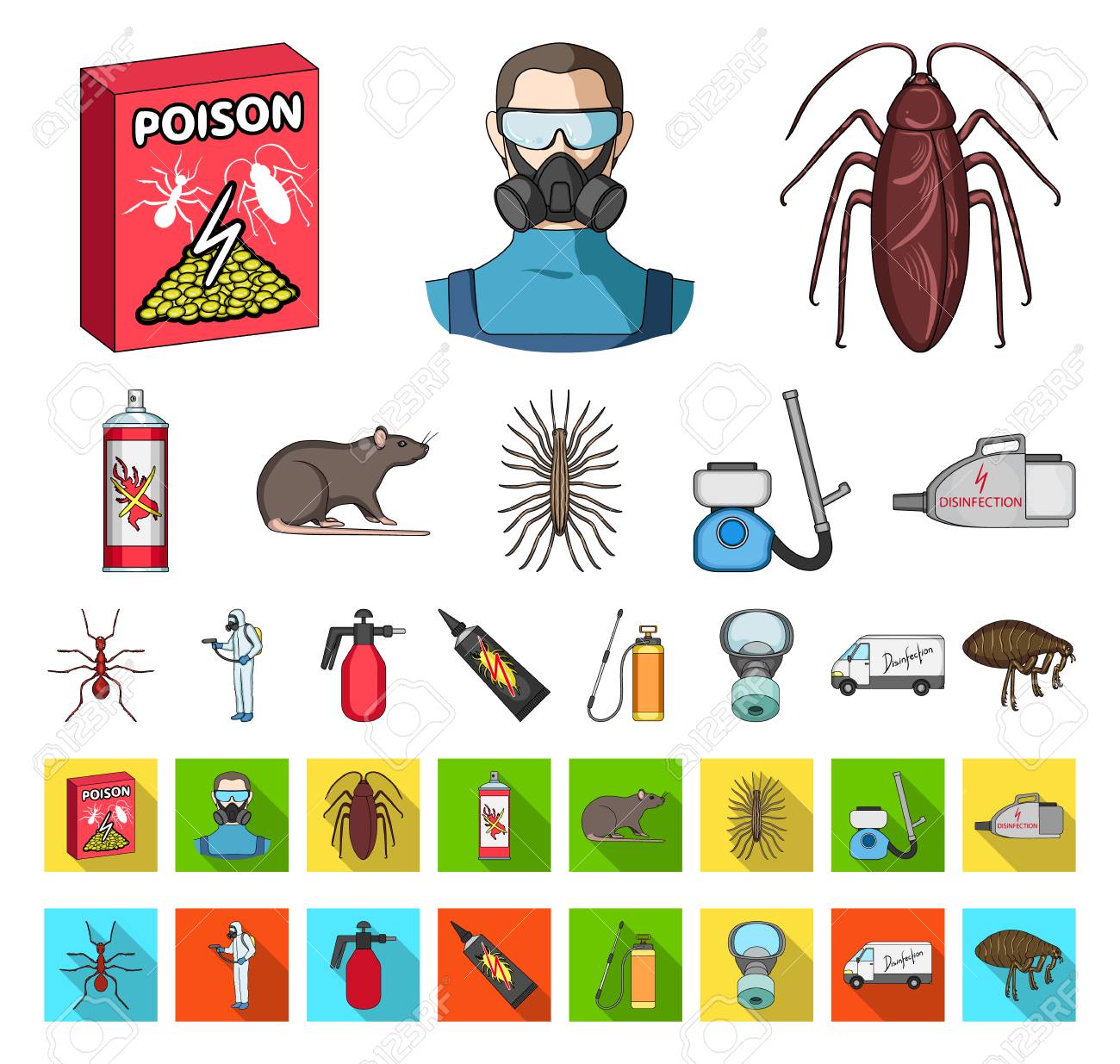 Pest, poison, personnel and equipment cartoon,flat icons in set collection for design. Pest control service vector symbol stock web illustration. - 114026791 Pest, poison, personnel and equipment cartoon,flat icons in set collection for design. Pest control service vector symbol stock web illustration. - 114026791