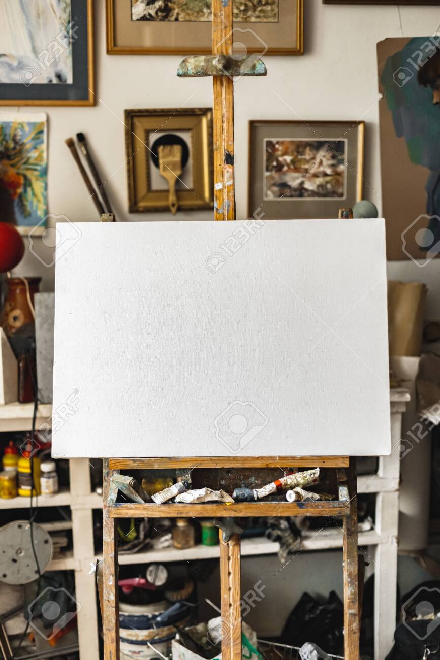 Plain Canvas On Easel At Art Studio Indoors Artistic Background Stock Photo Picture And Royalty Free Image Image