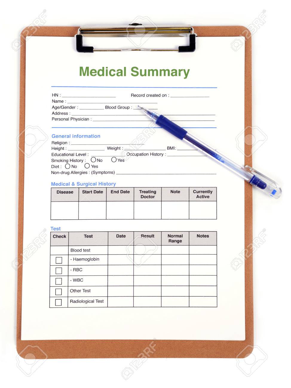 personal medical record forms
