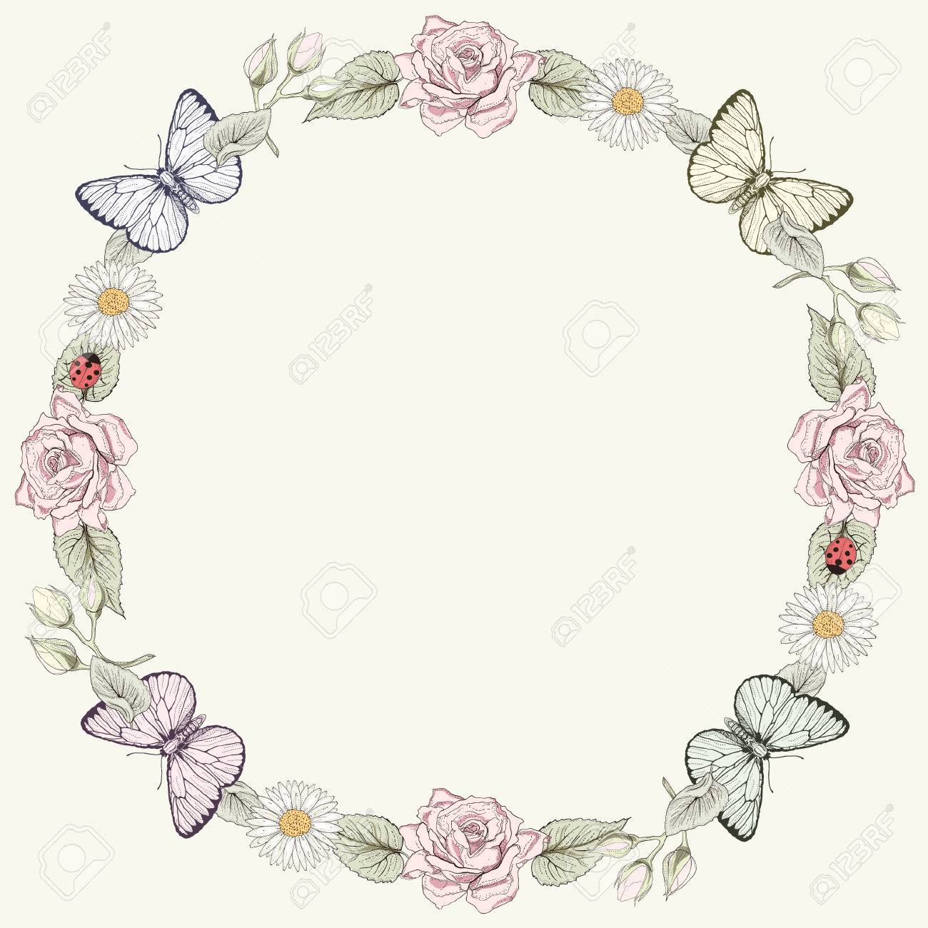 手描きの花フレーム蝶。華やかなカラフルなイラストです。ビンテージ ...