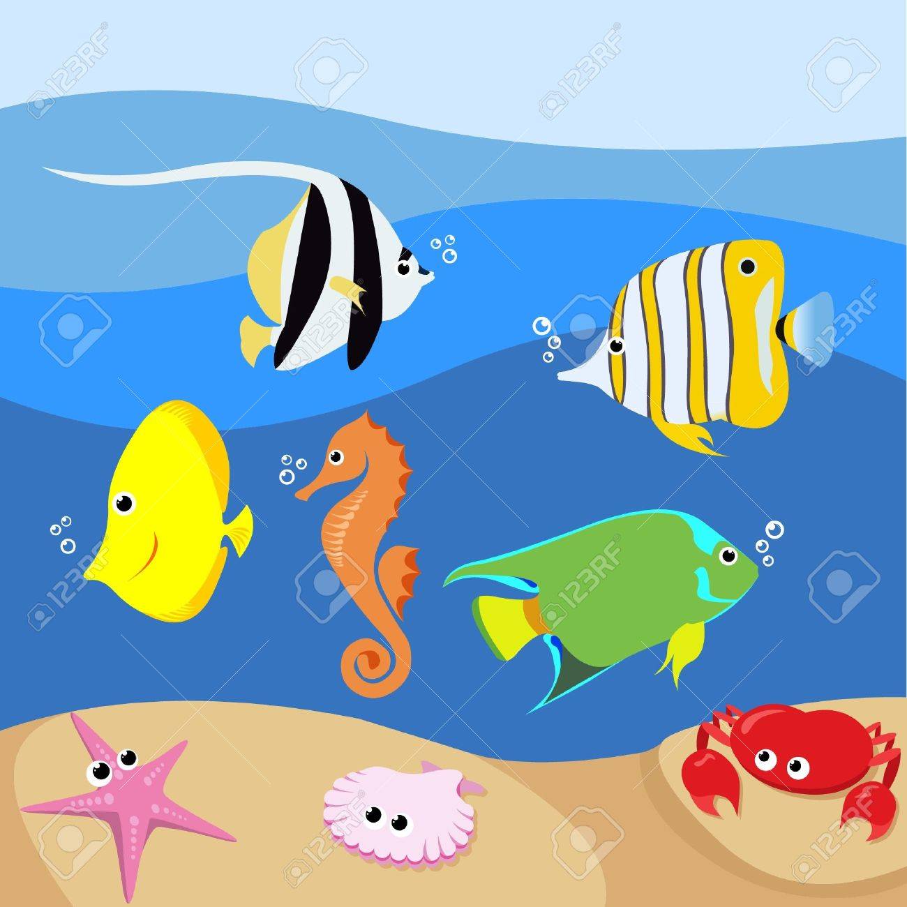 様々 な熱帯の魚と海洋生物のセット のイラスト素材 ベクタ Image
